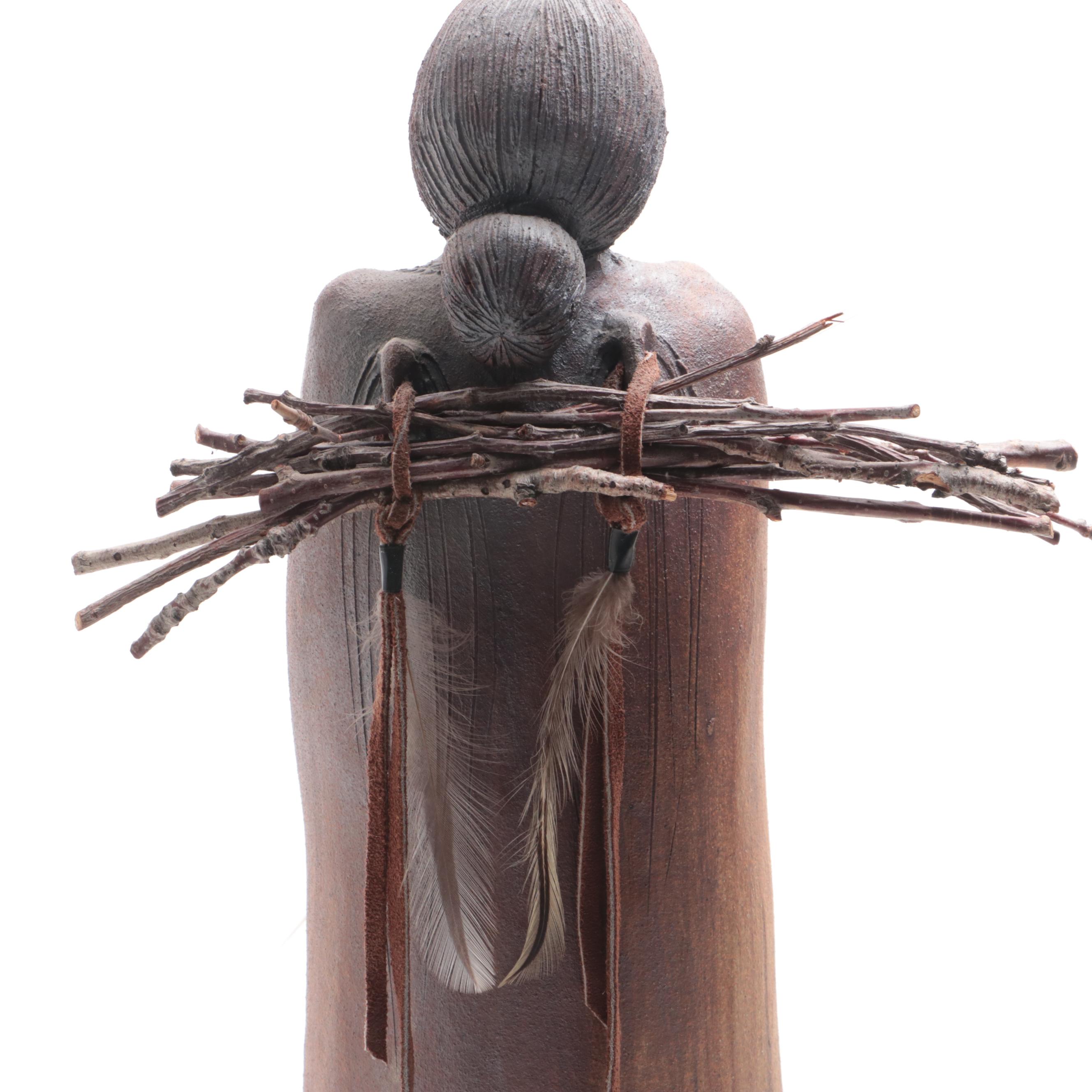 Lynn Hone Hand-Sculpted Stoneware Clay Southwest Figure with Pot, 1987