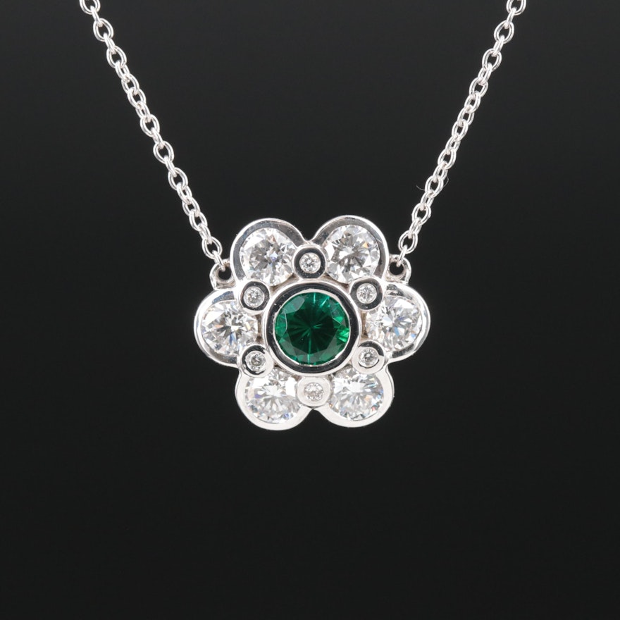 14K Emerald and 1.38 CTW Lab Grown Diamond Flower Necklace