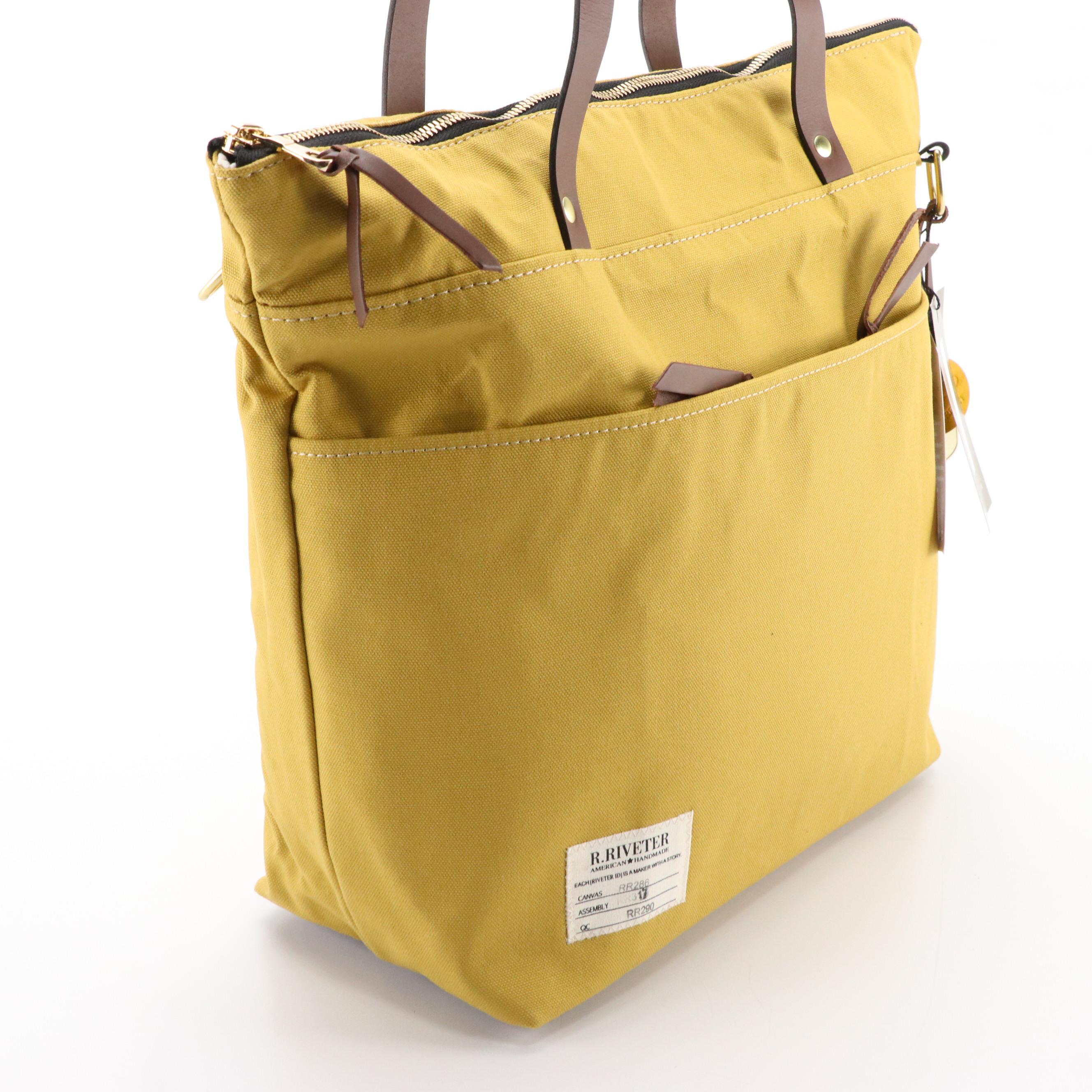R. Riveter Harriet Two-Way Zip Tote in Yellow Canvas and Brown Leather Trim, NWT