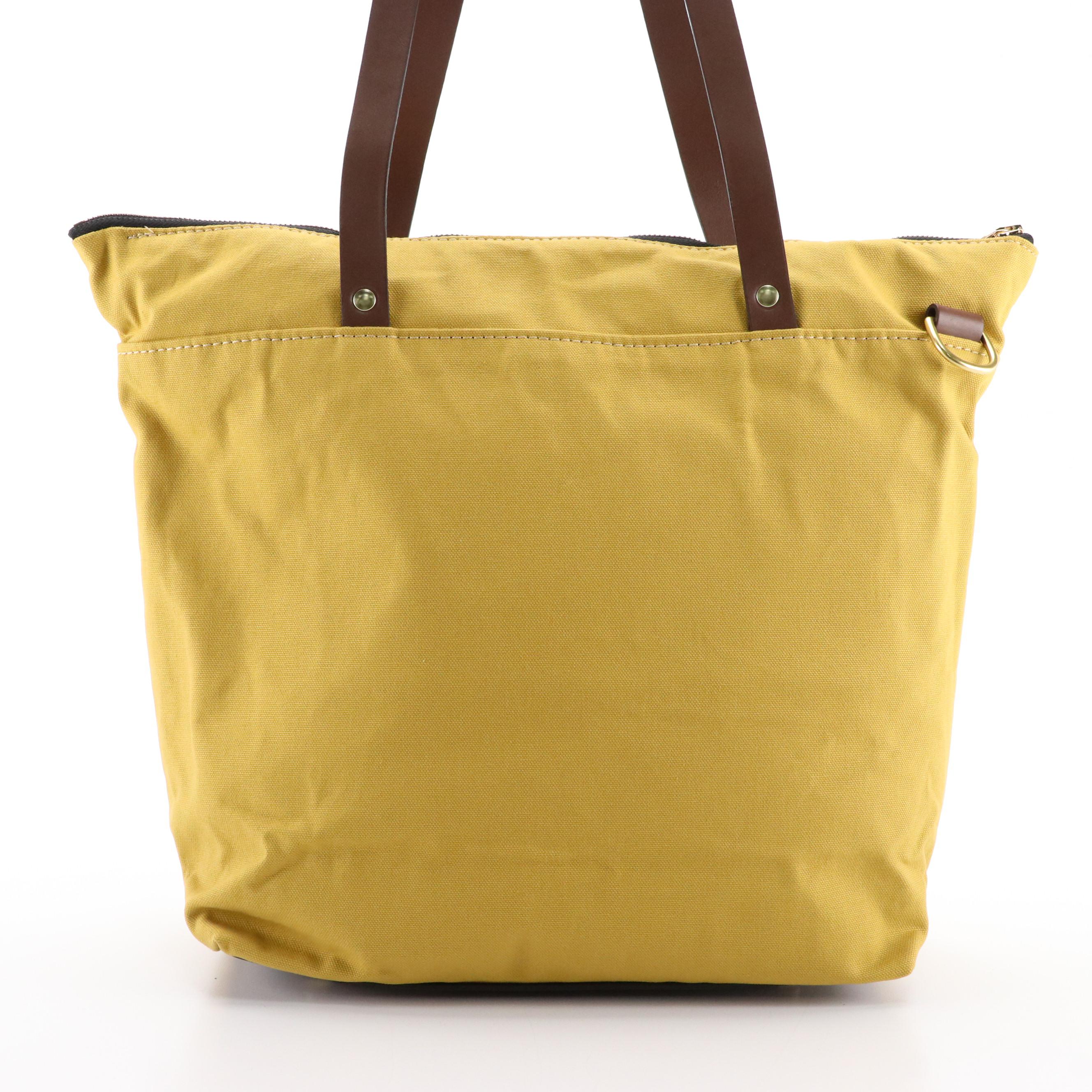 R. Riveter Harriet Two-Way Zip Tote in Yellow Canvas and Brown Leather Trim, NWT