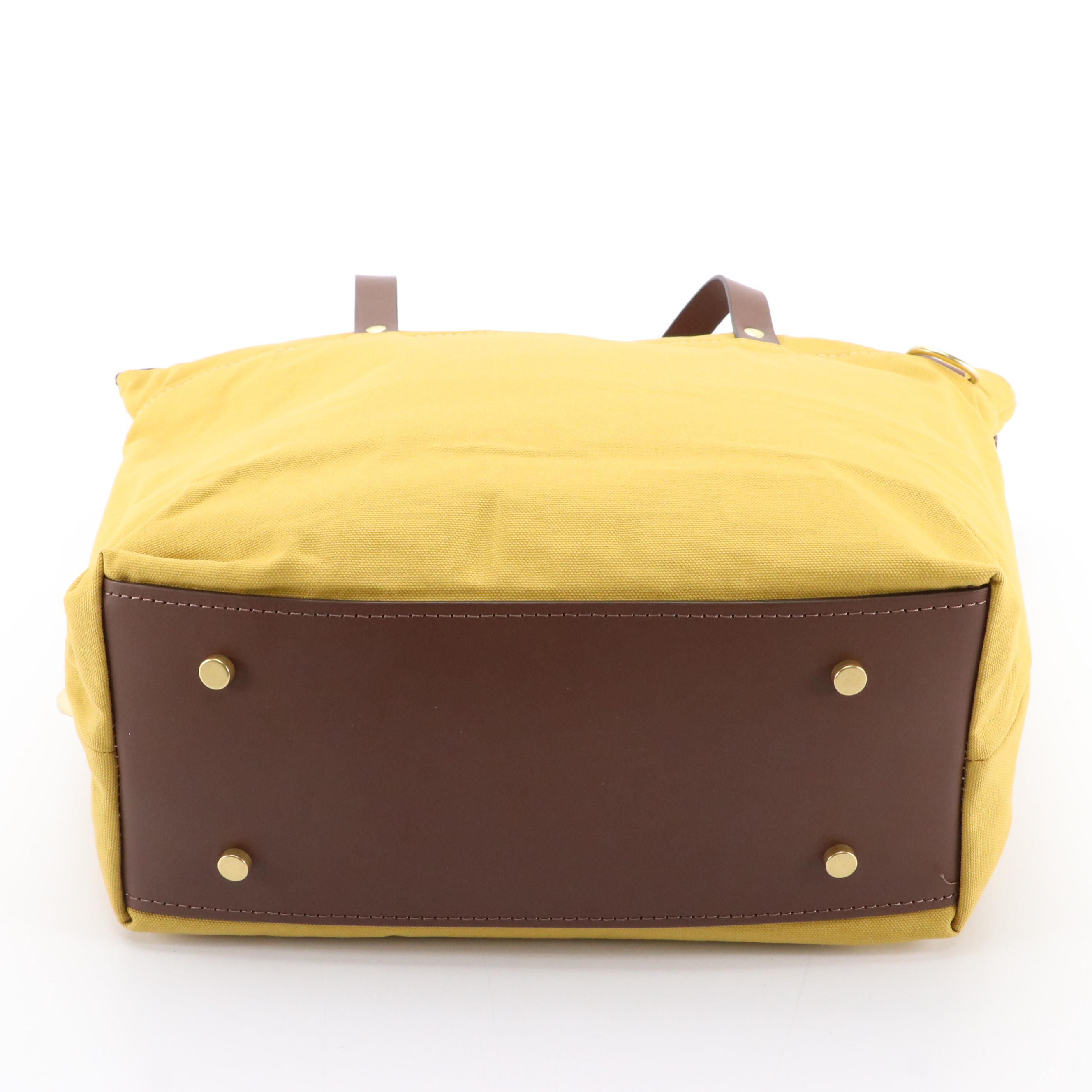 R. Riveter Harriet Two-Way Zip Tote in Yellow Canvas and Brown Leather Trim, NWT
