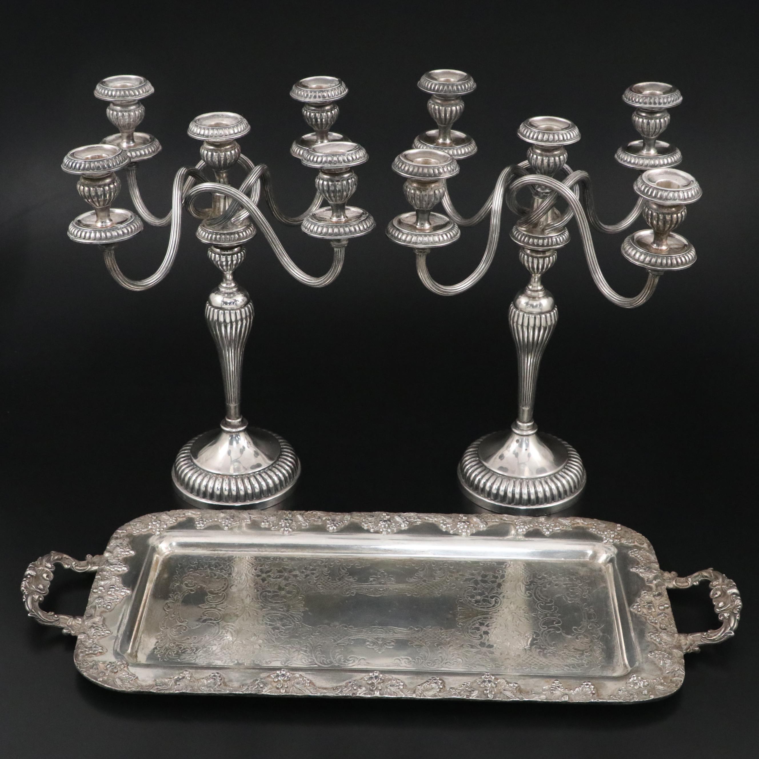 Portuguese Titulo 916 Silver Candelabra with Silver Plate Tray