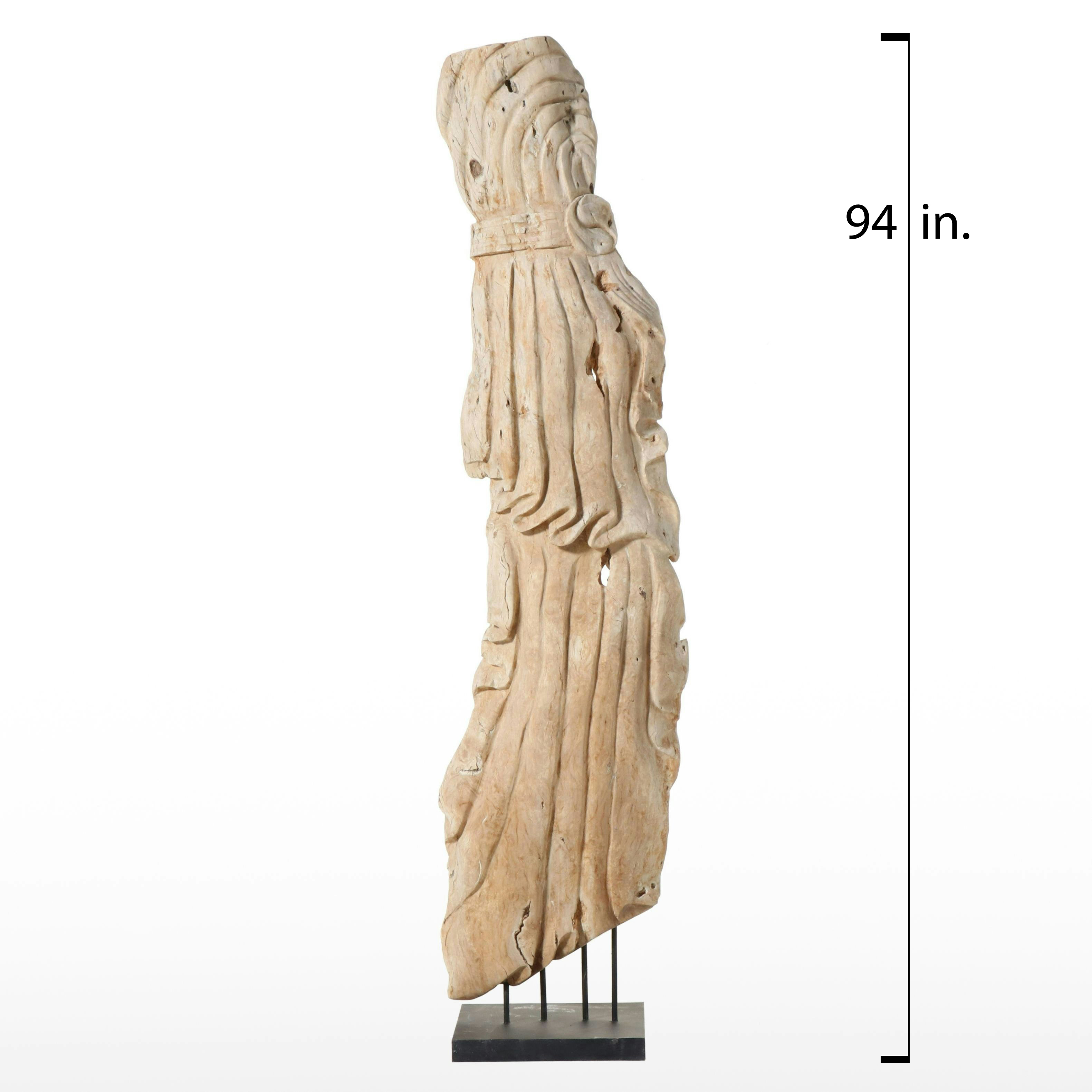 Indian Large-Scale Carved Teak Drapery Sculpture on Stand