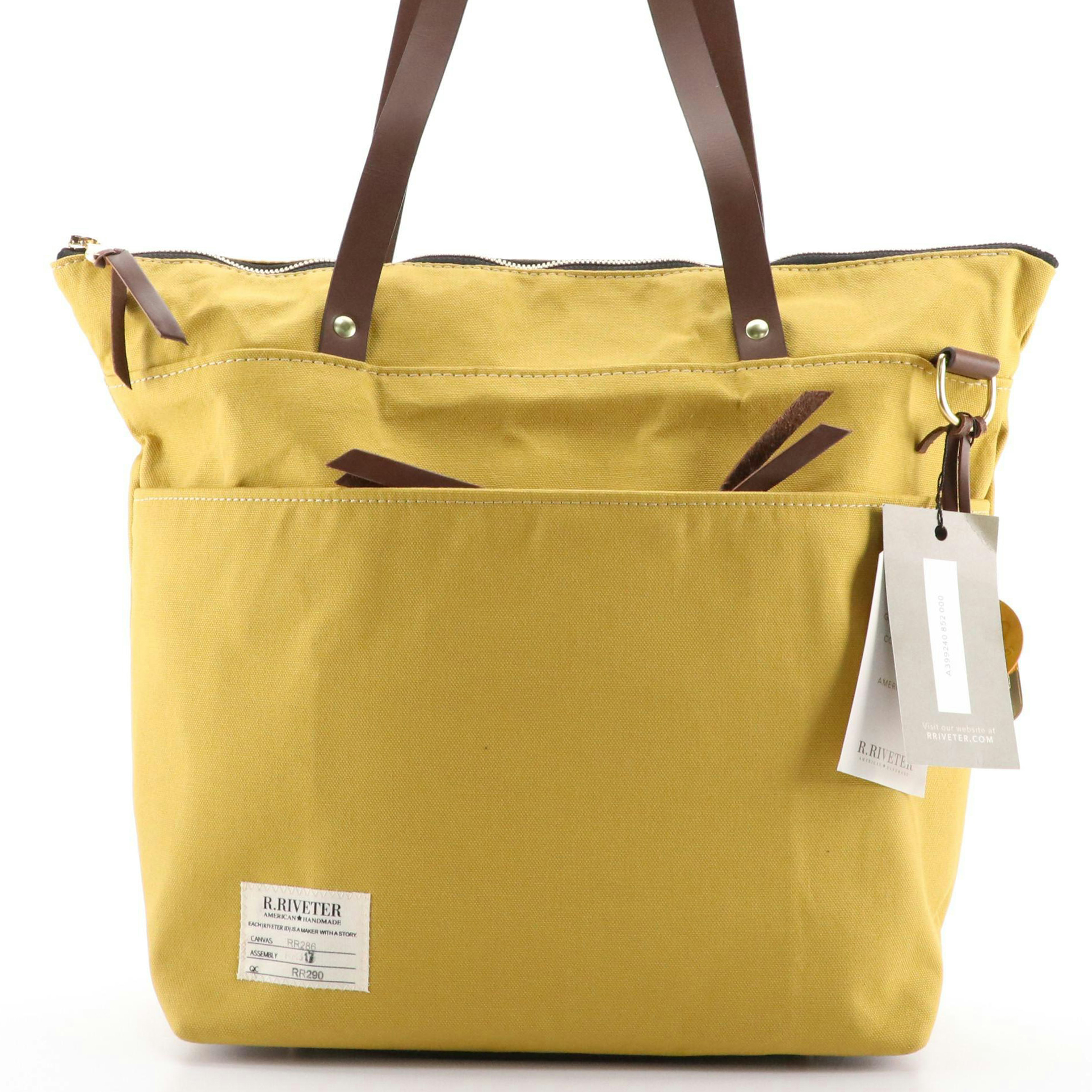 R. Riveter Harriet Two-Way Zip Tote in Yellow Canvas and Brown Leather Trim, NWT