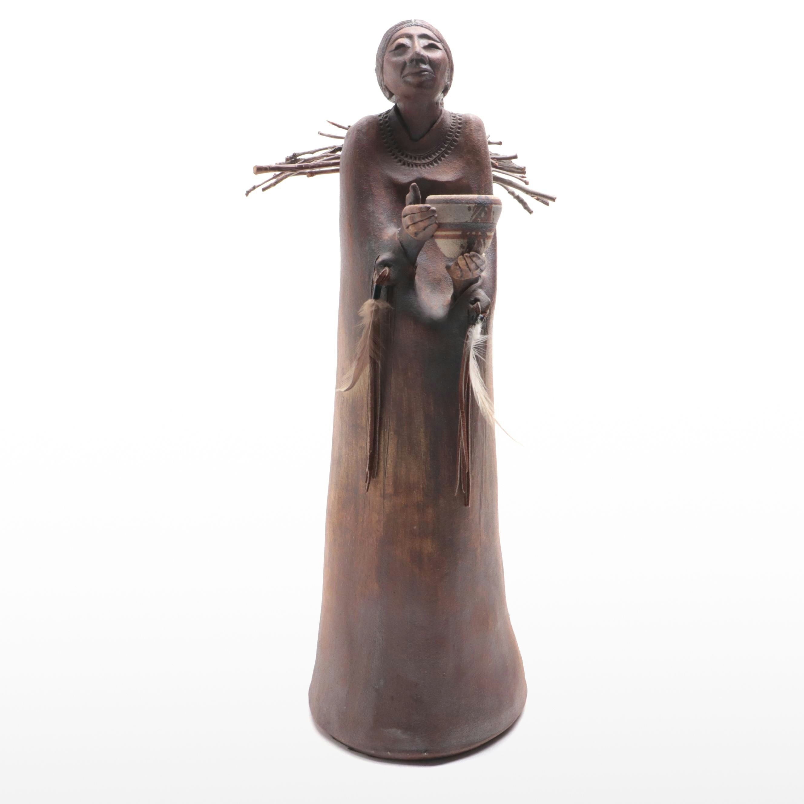 Lynn Hone Hand-Sculpted Stoneware Clay Southwest Figure with Pot, 1987