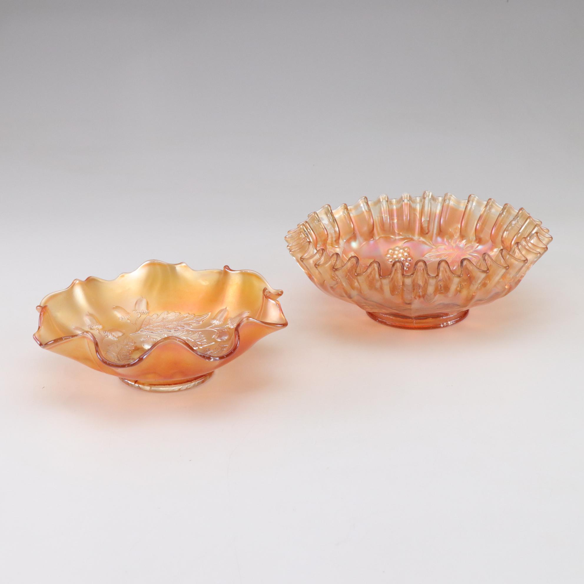 Dugan Glass "Acorn" and "Grapes" Carnival Glass Bowls