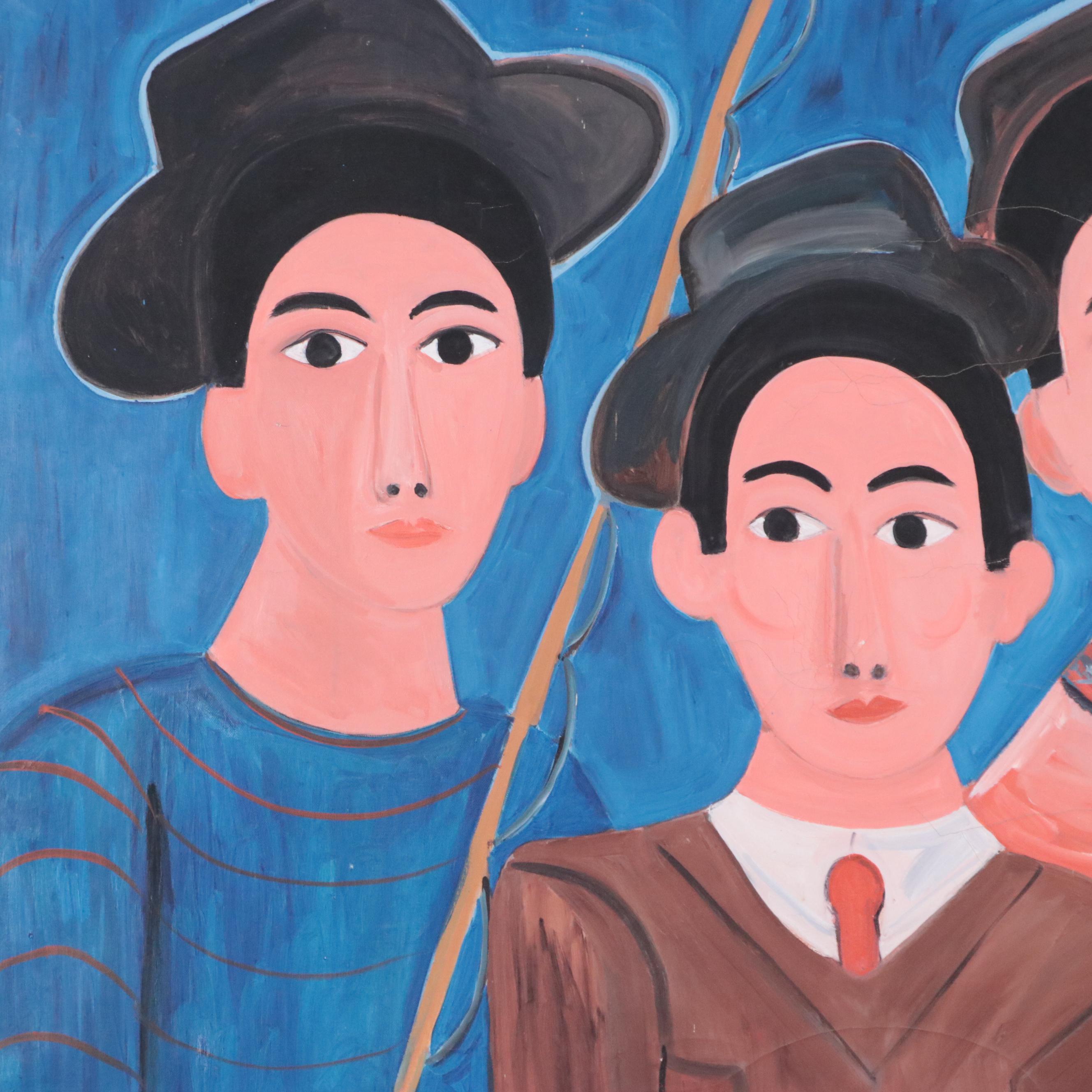 Large-Scale Kenneth Kilstom Modernist Oil Painting Portrait of Three Boys, 1971
