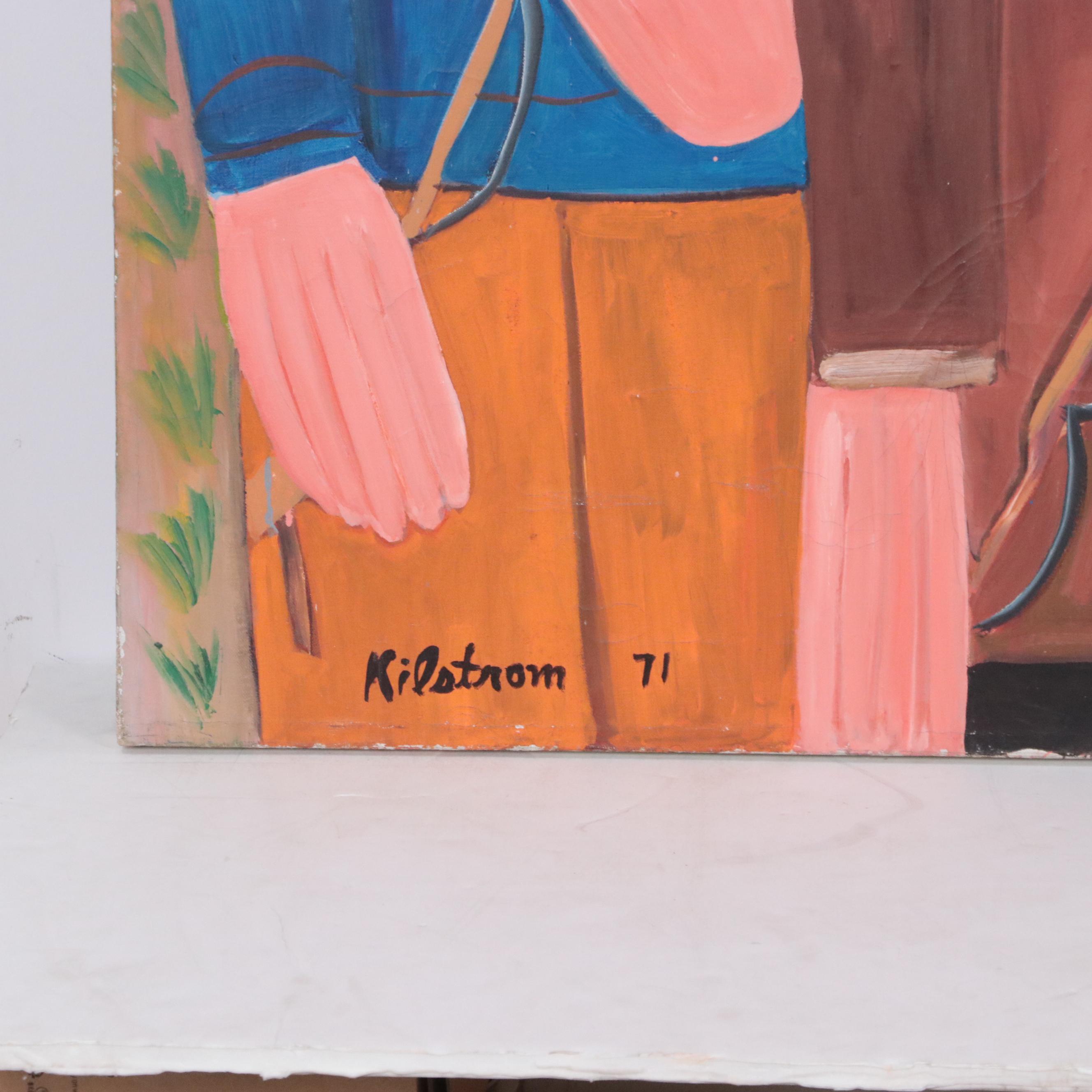 Large-Scale Kenneth Kilstom Modernist Oil Painting Portrait of Three Boys, 1971