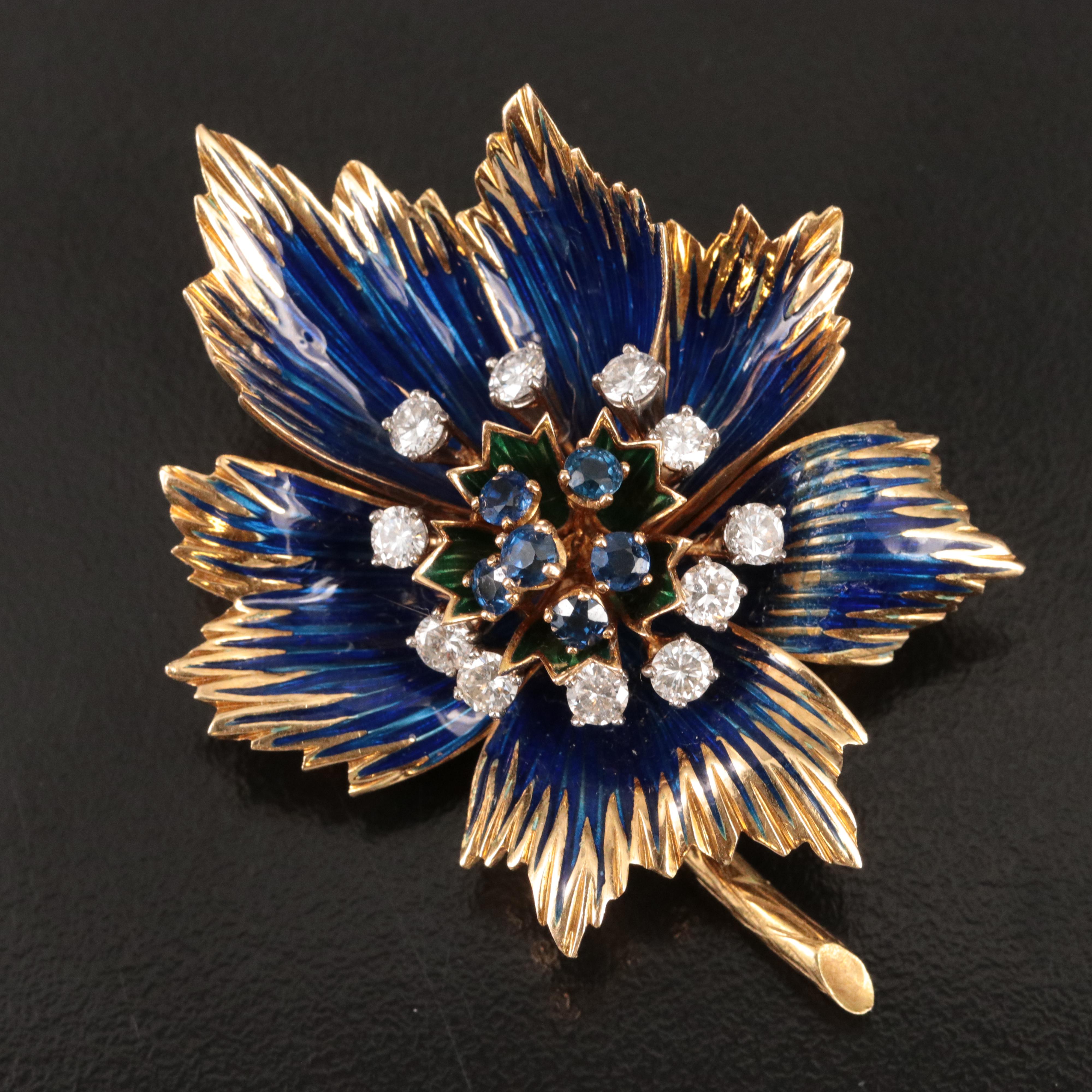 Cartier 18K Blue Sapphire and 1.76 CTW Diamond Flower Brooch with Enamel