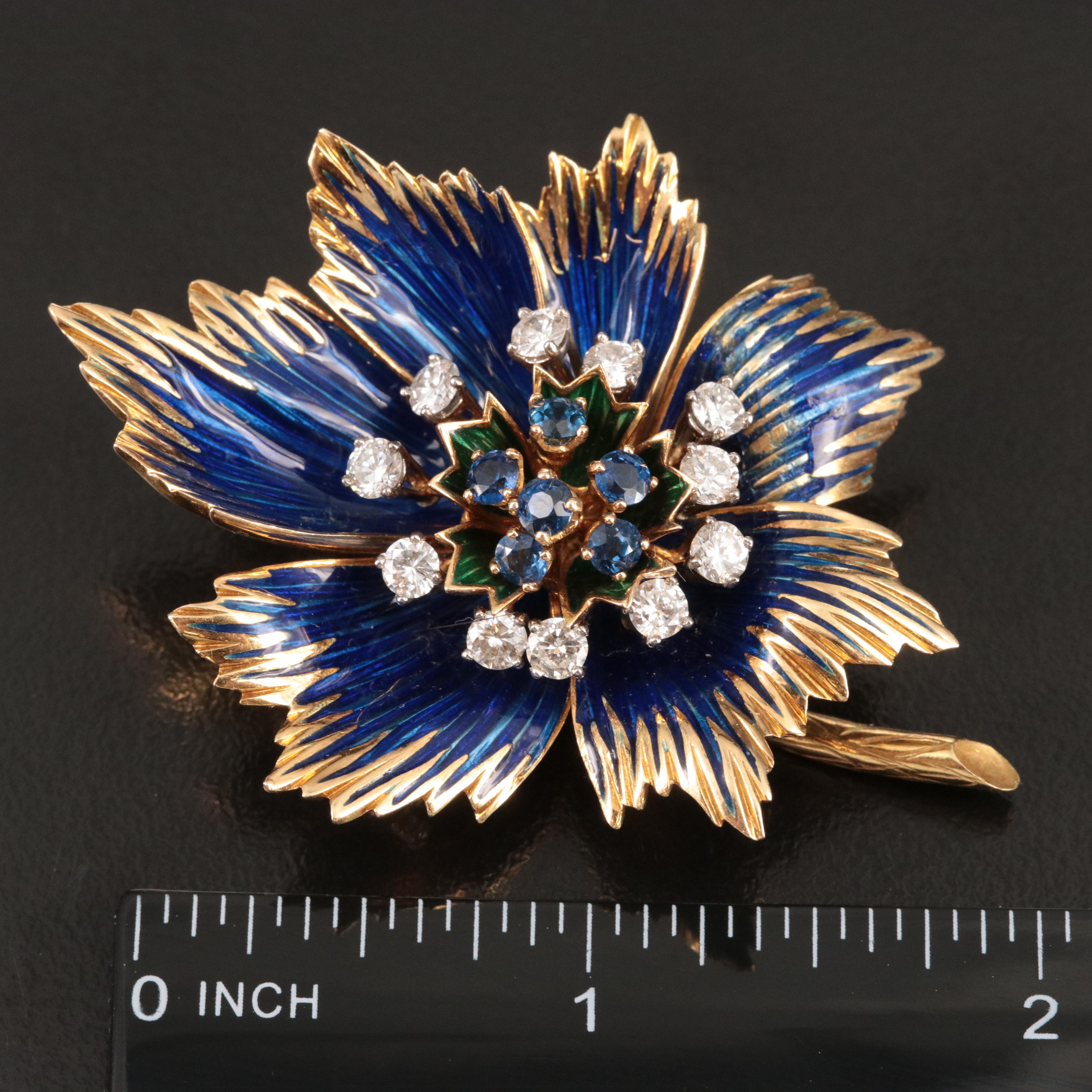 Cartier 18K Blue Sapphire and 1.76 CTW Diamond Flower Brooch with Enamel