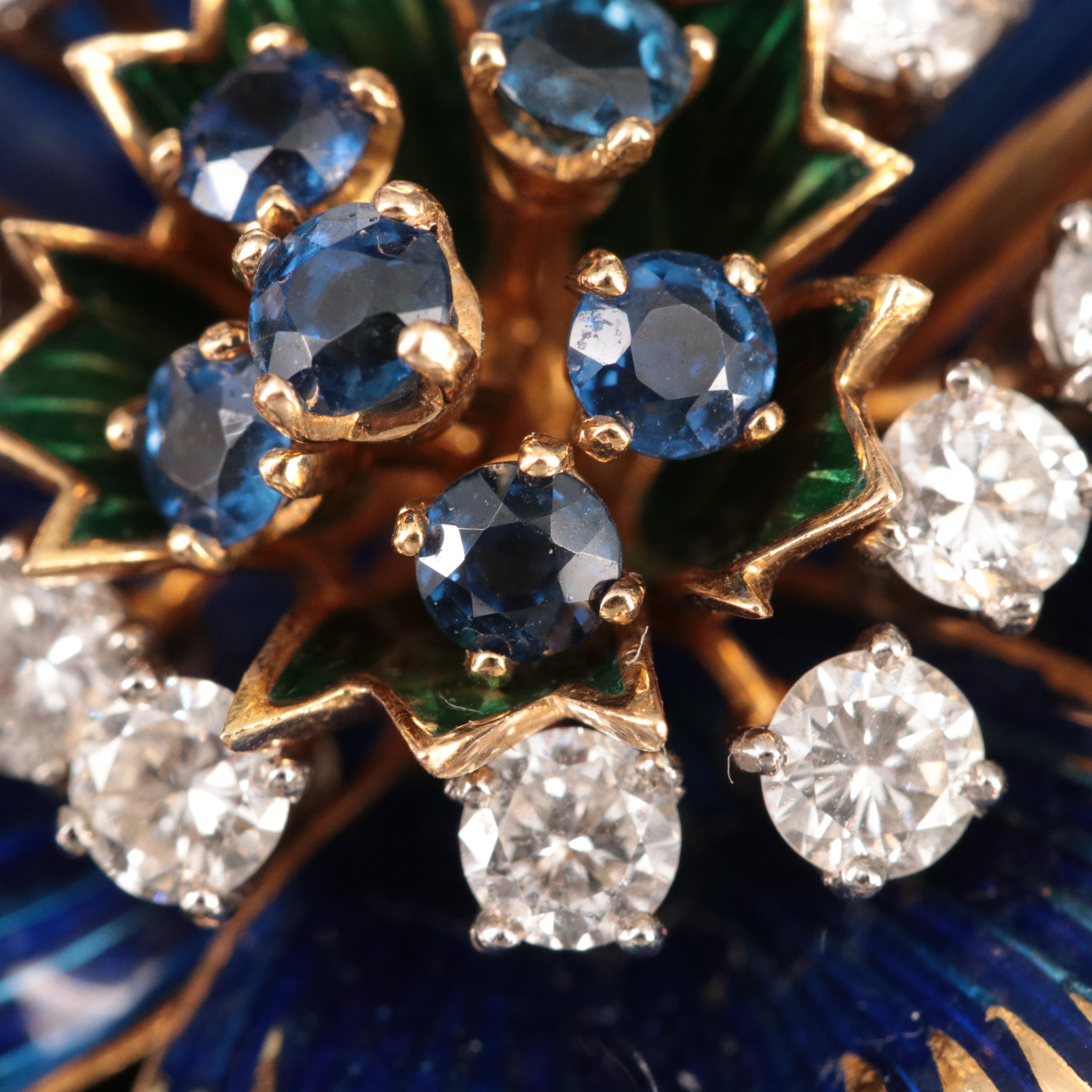 Cartier 18K Blue Sapphire and 1.76 CTW Diamond Flower Brooch with Enamel