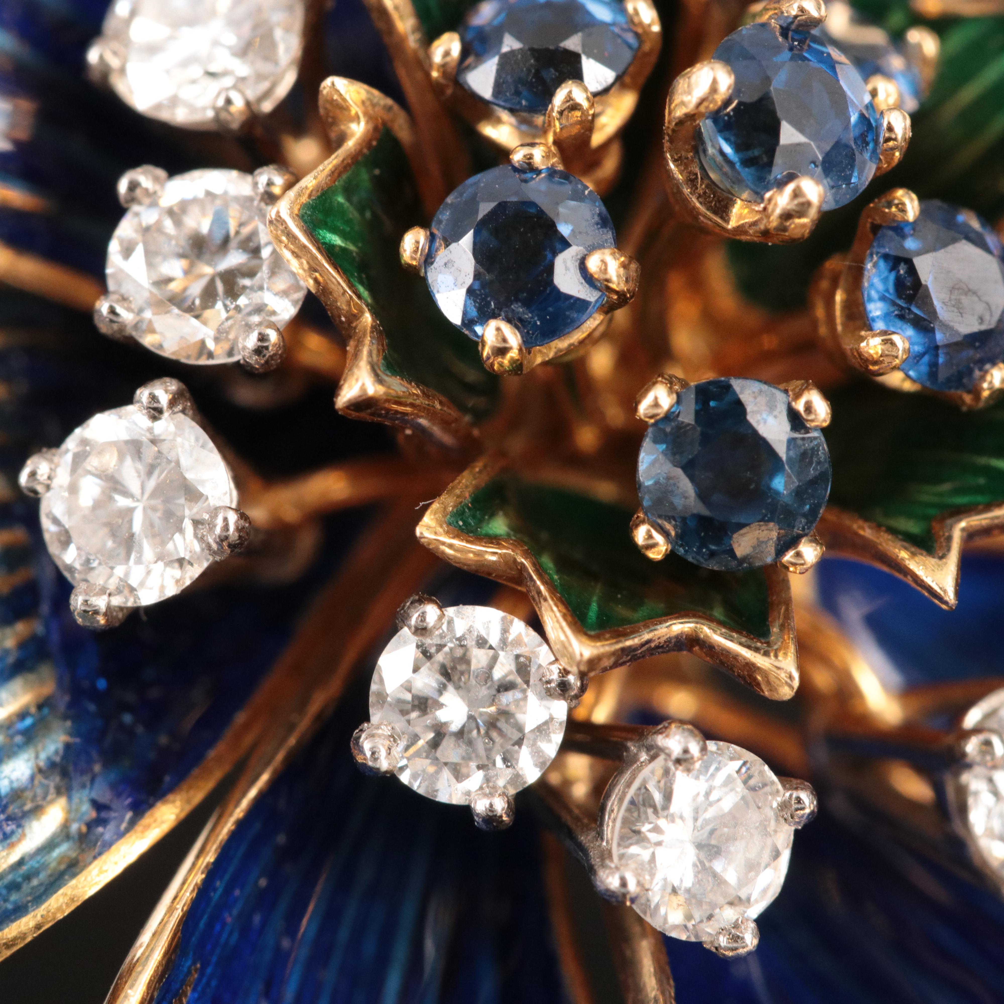 Cartier 18K Blue Sapphire and 1.76 CTW Diamond Flower Brooch with Enamel