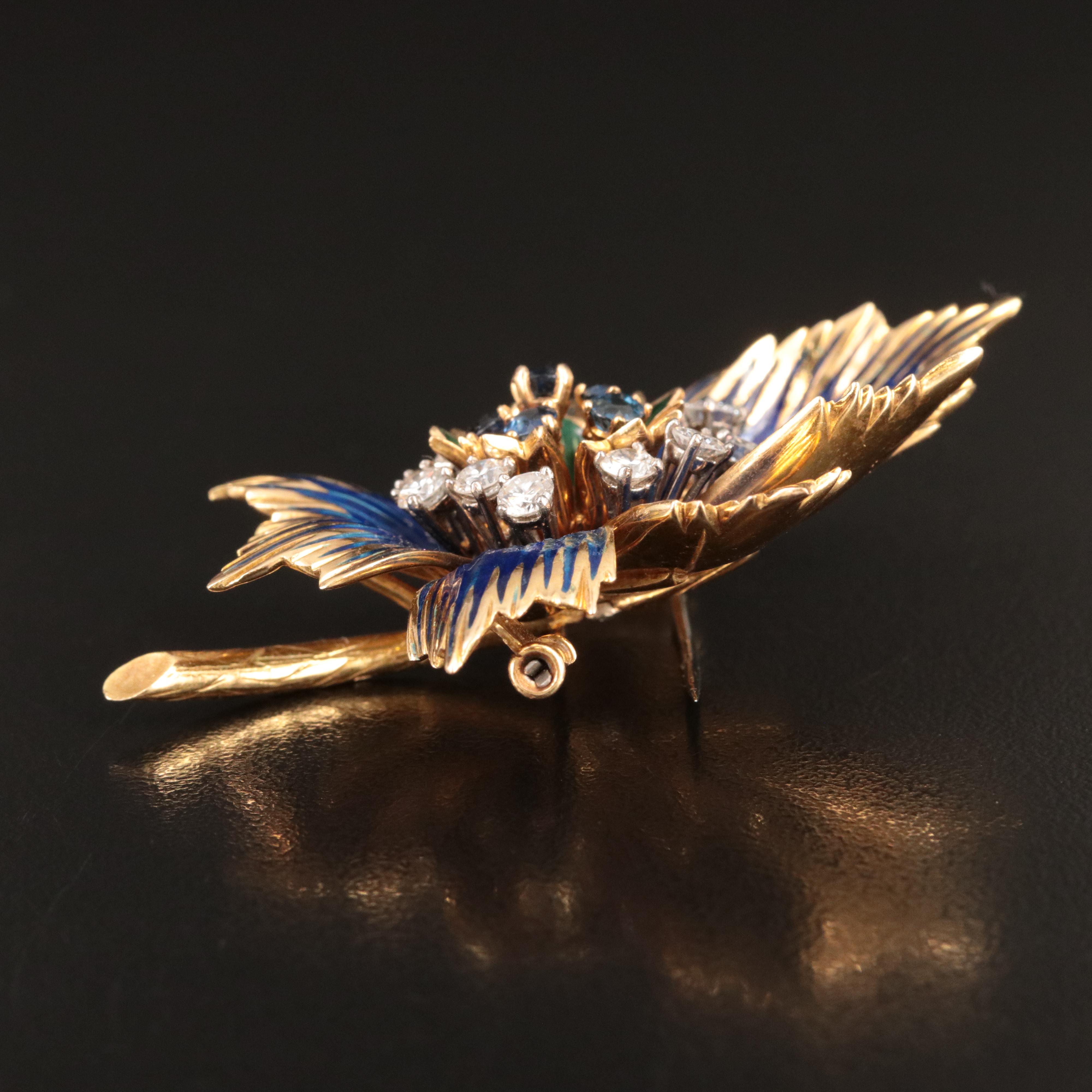 Cartier 18K Blue Sapphire and 1.76 CTW Diamond Flower Brooch with Enamel