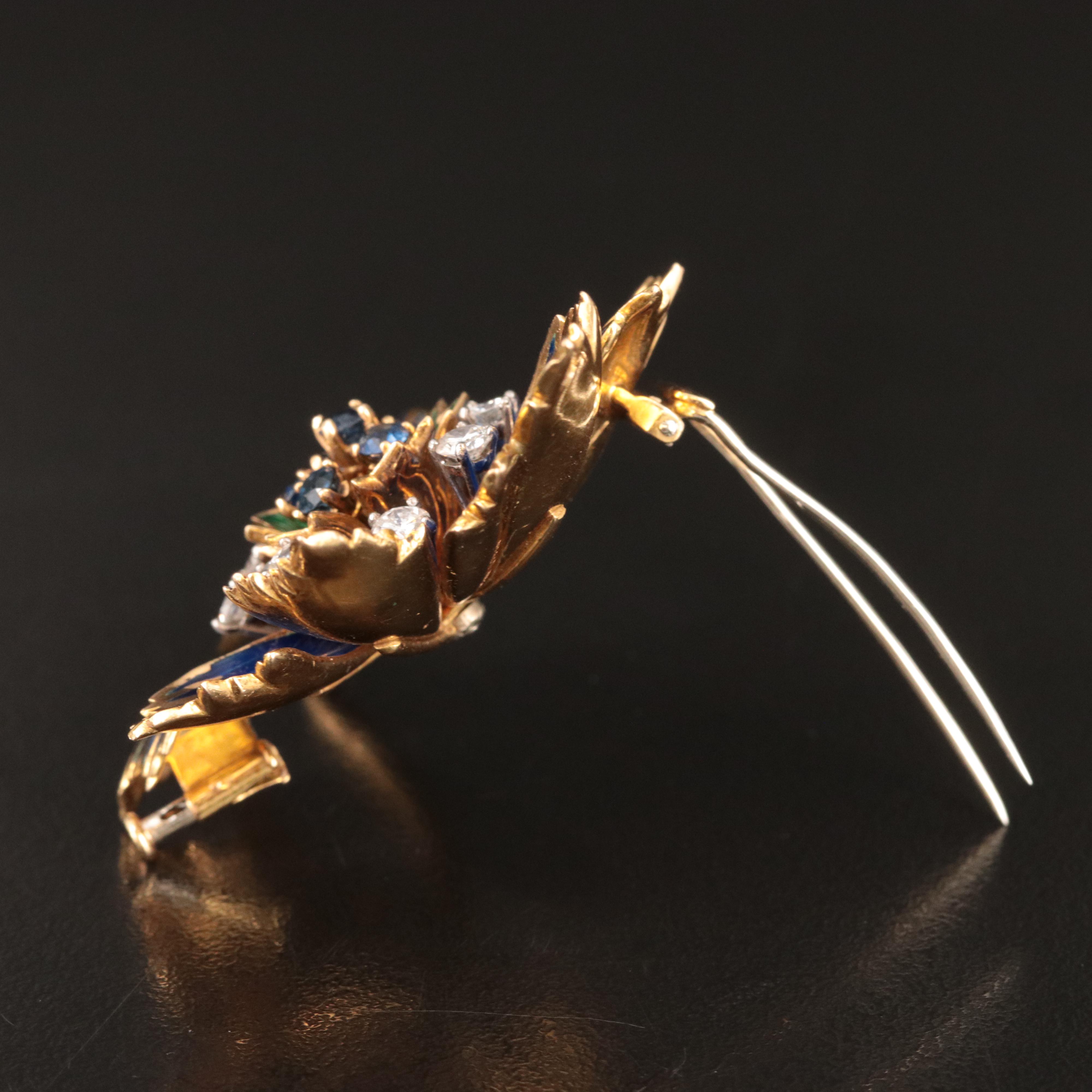 Cartier 18K Blue Sapphire and 1.76 CTW Diamond Flower Brooch with Enamel