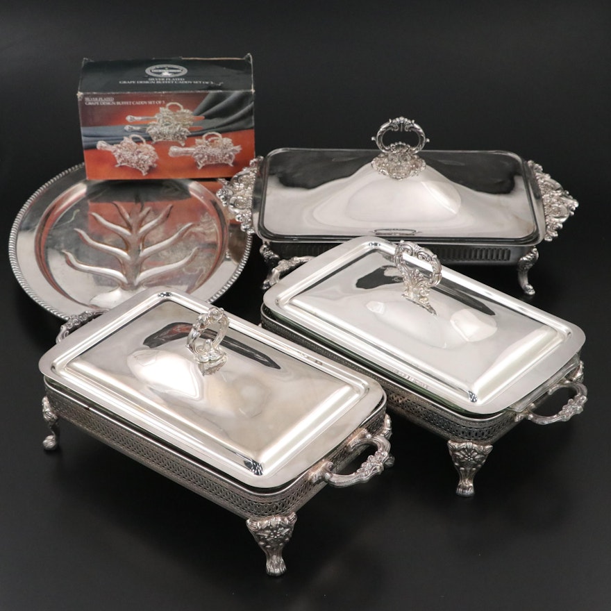 Paul Revere Grape Motif Flatware Caddy Set with Silver Plate Serveware