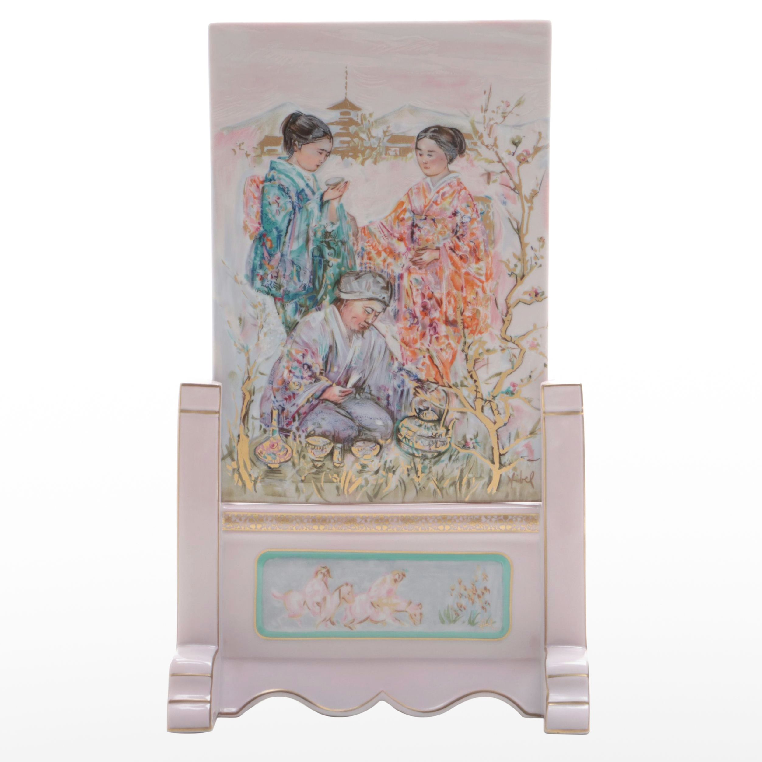Edna Hibel Porcelain Plaque with Stand "Cha No Yu, The Art of Tea"