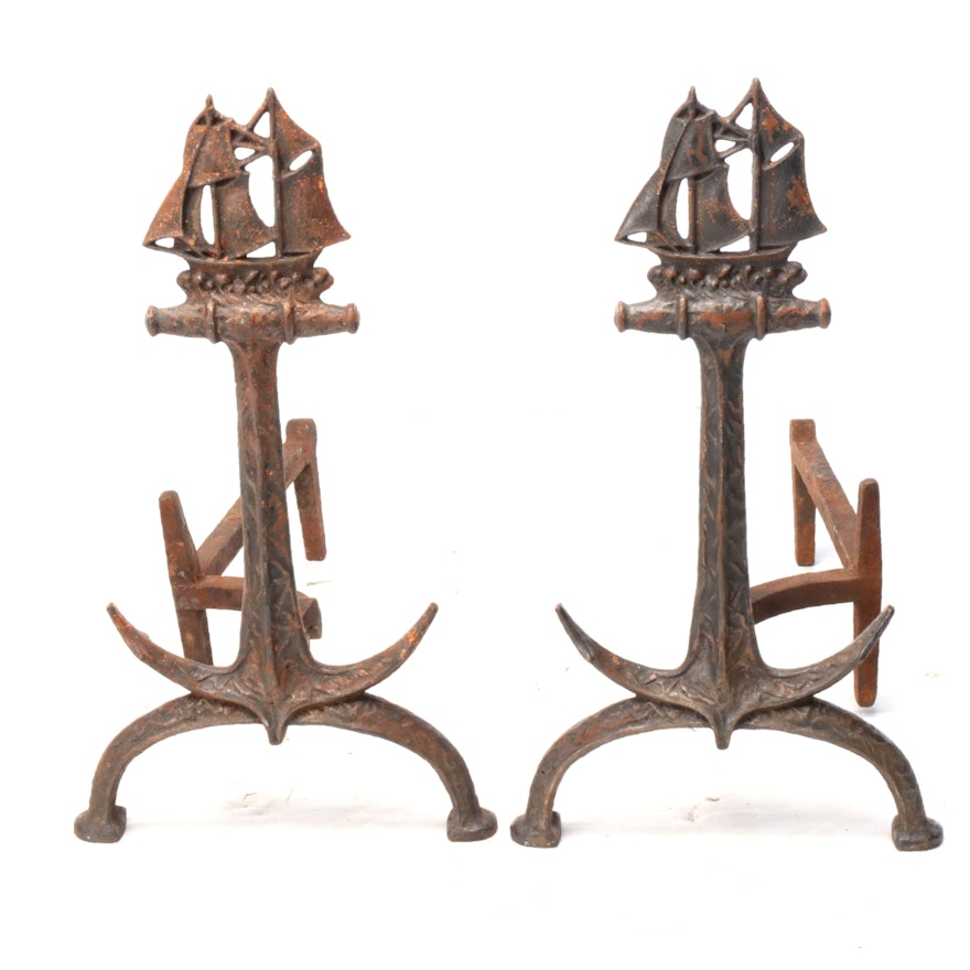 Cast Iron Andirons with Nautical Motifs, Late 19th/Early 20th C.