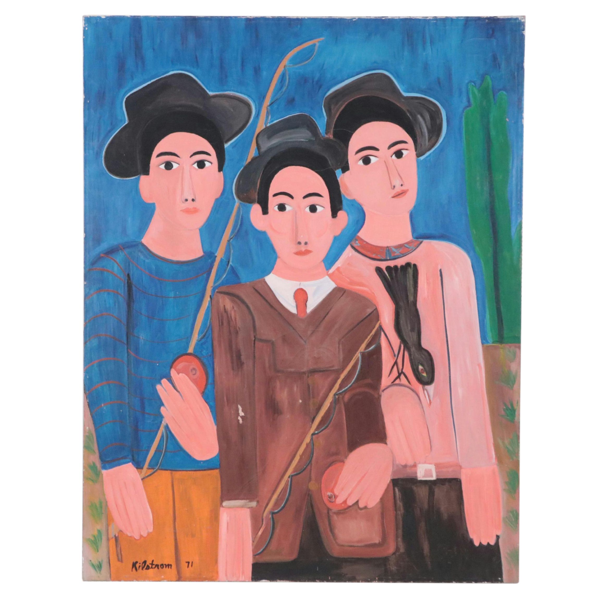 Large-Scale Kenneth Kilstom Modernist Oil Painting Portrait of Three Boys, 1971