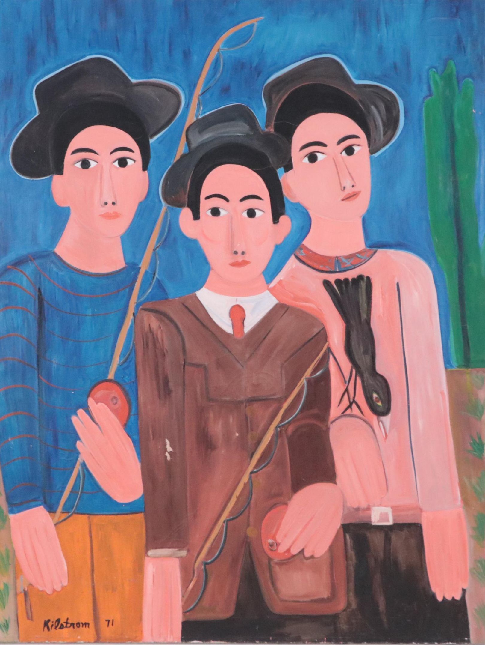Large-Scale Kenneth Kilstom Modernist Oil Painting Portrait of Three Boys, 1971