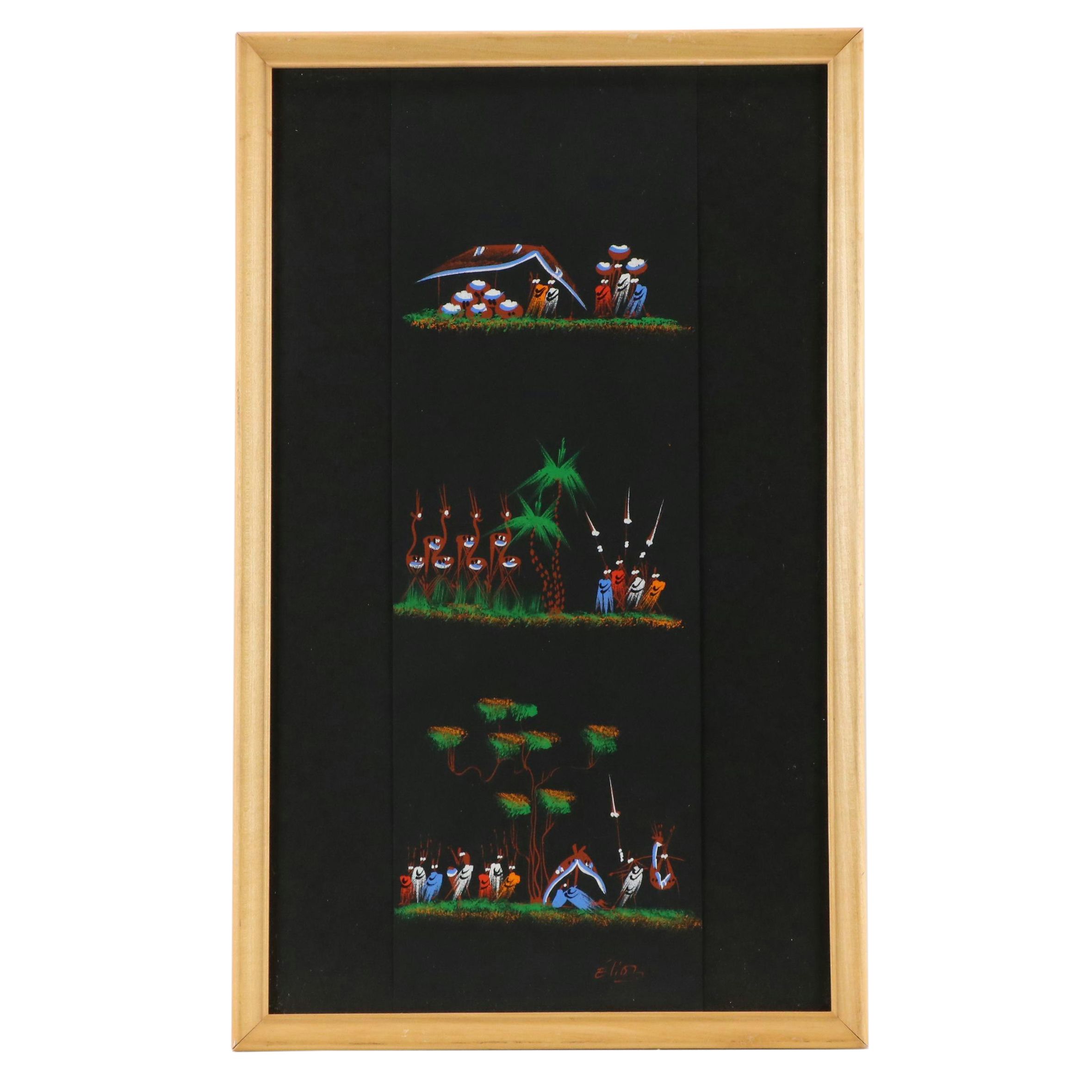 African Tempera Painting of Various Scenes