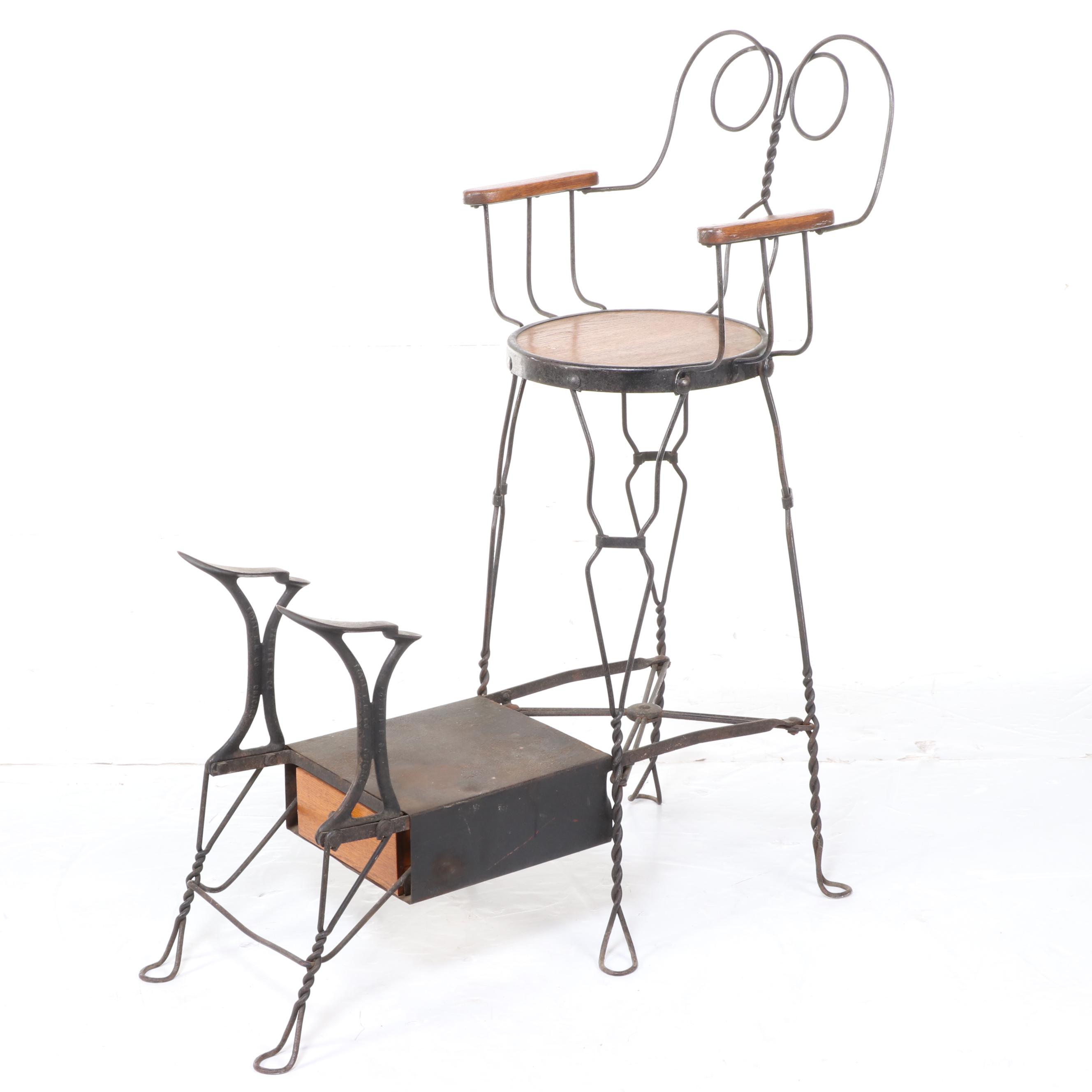Victorian Royal MM Co (Chicago) Twisted Wire and Wood Shoe Shine Chair and Stand