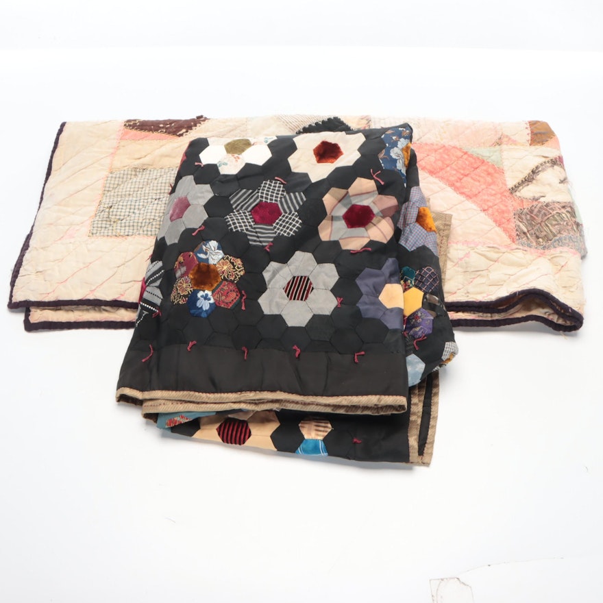 Handmade Crazy Quilt and Grandmother's Flower Garden Pieced Quilts