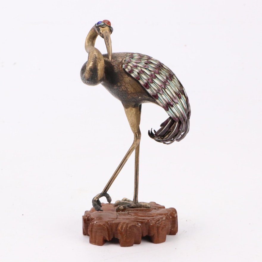 Chinese Sterling Silver and Cloisonné Enamel Crane Figurine on Wooden Base