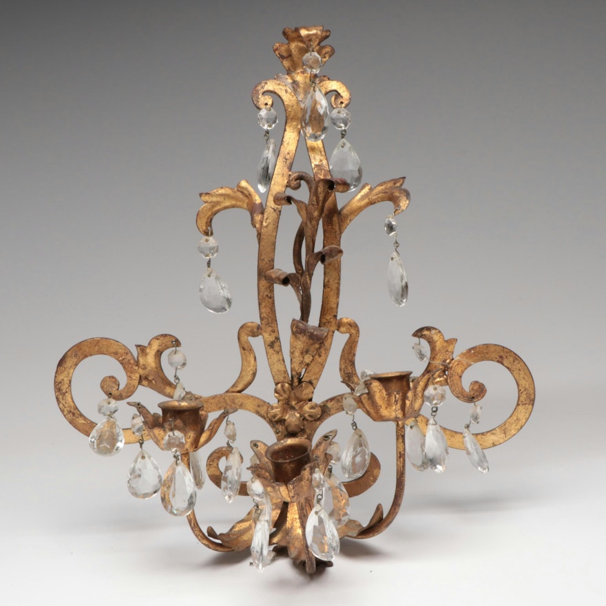 Gilt Metal Three-Candle Wall Sconce With Crystal Drops, Vintage