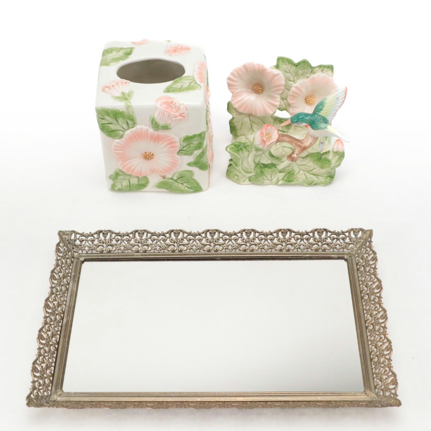 "Hummingbird with Flowers" Towel Holder, Tissue Box Cover, with Mirrored Tray