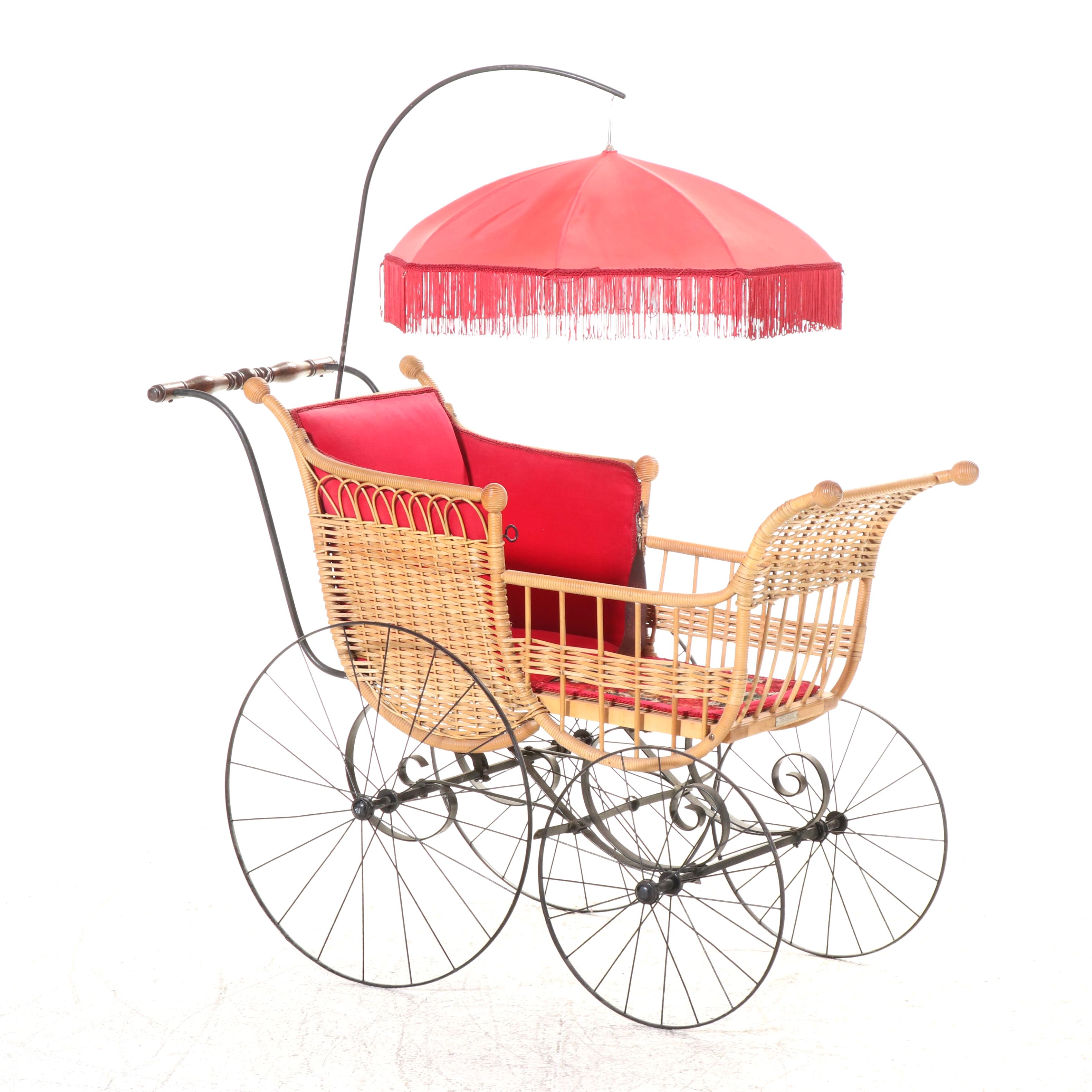 Victorian Style Wicker Baby Carriage with Attached Fringed Parasol