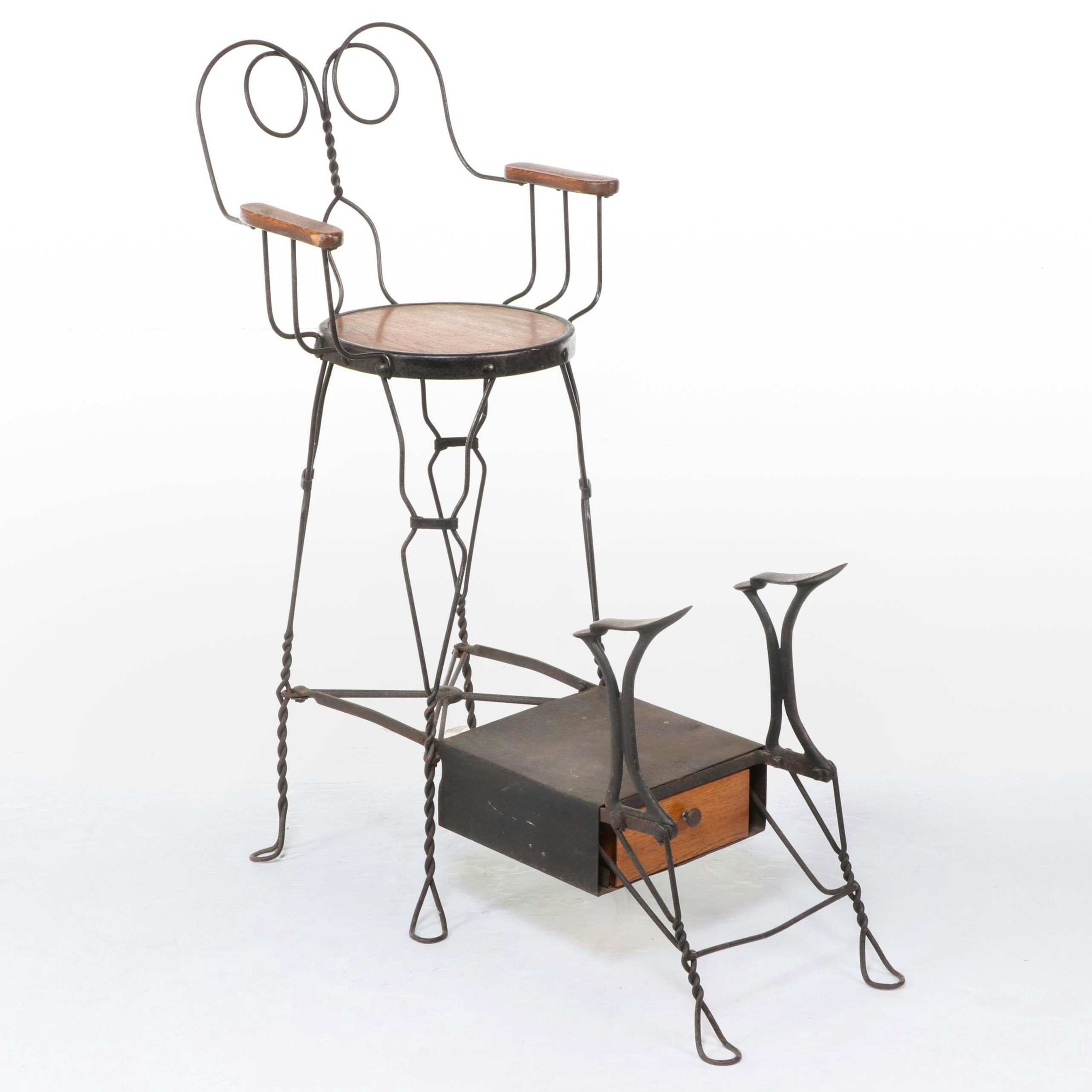 Victorian Royal MM Co (Chicago) Twisted Wire and Wood Shoe Shine Chair and Stand