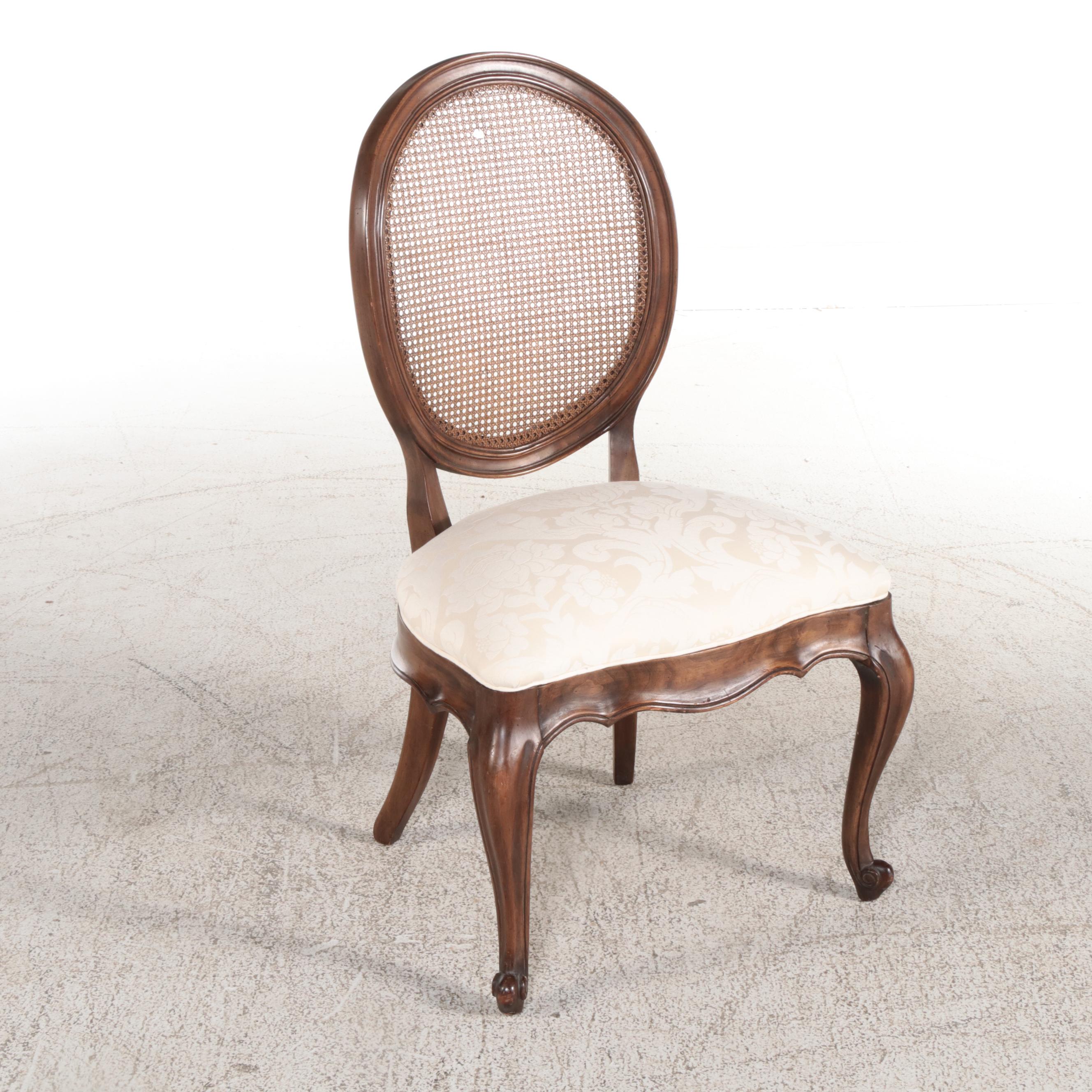Three Louis XV Style Cherrywood, Caned, and Custom-Upholstered Side Chairs