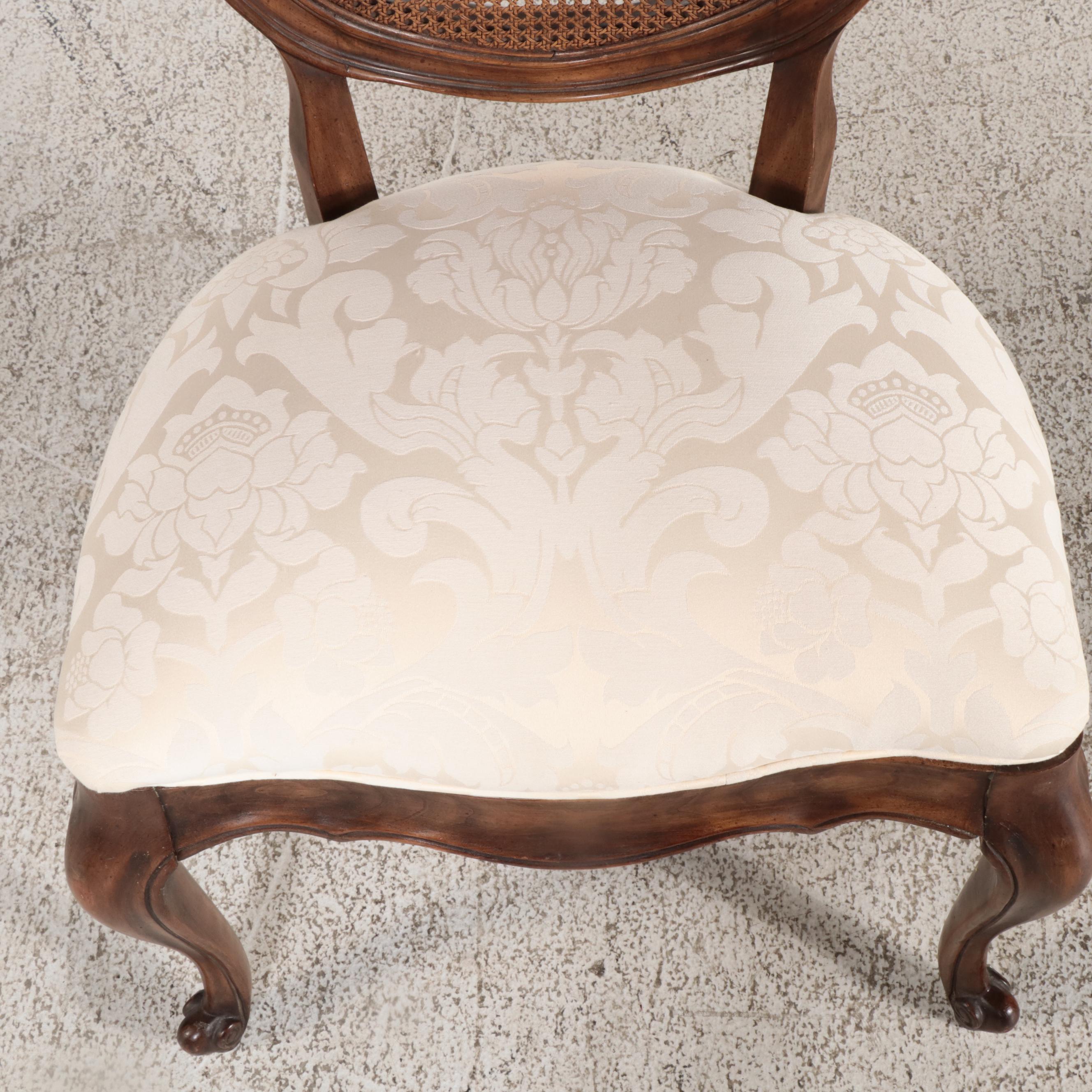 Three Louis XV Style Cherrywood, Caned, and Custom-Upholstered Side Chairs
