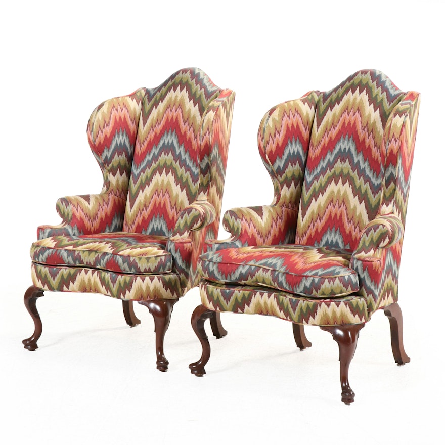 Pair of Kittinger Queen Anne Style Flamestitch Upholstered Wingback Chairs
