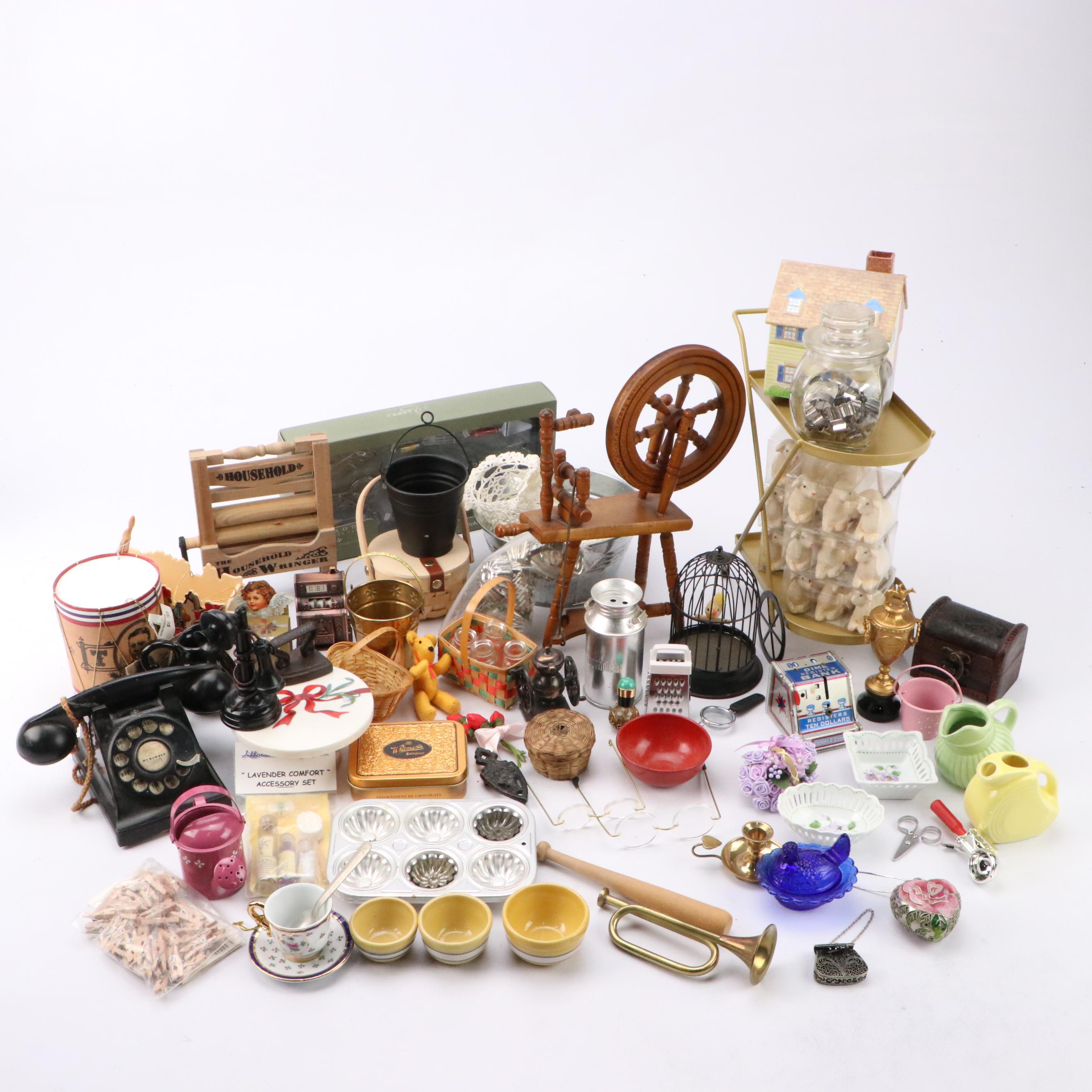 Rotary Phone with Kitchenware and Miniature Doll House Furniture