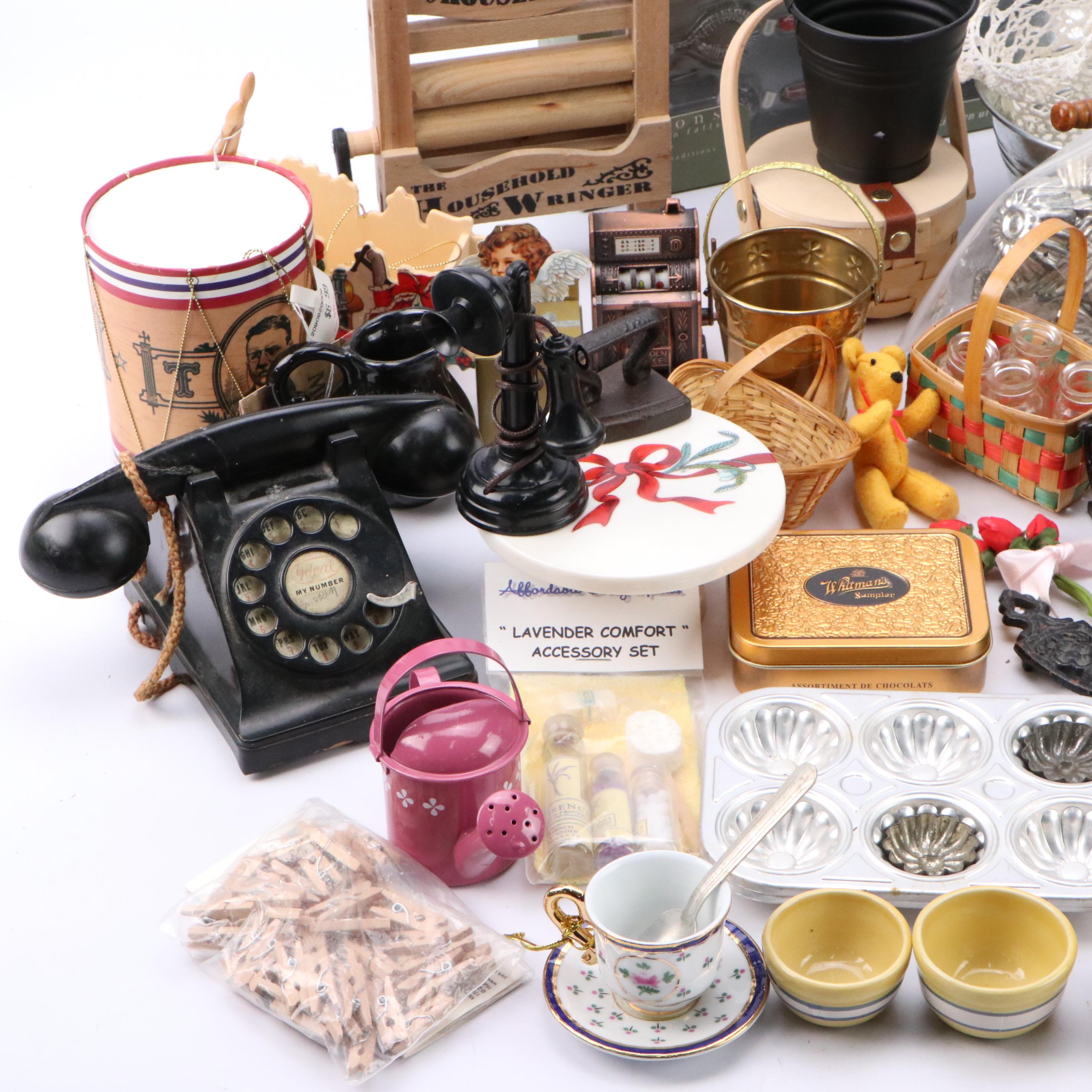 Rotary Phone with Kitchenware and Miniature Doll House Furniture