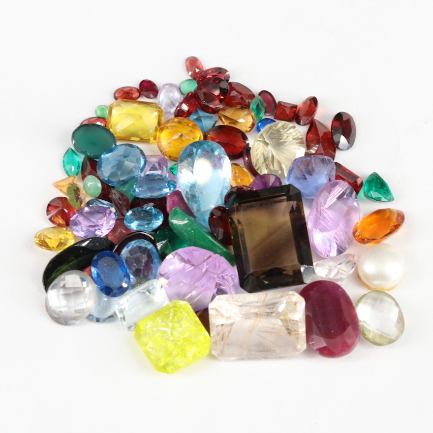 Loose 141.50 CTW Gemstones Including Rutilated Quartz and Smoky Quartz ...