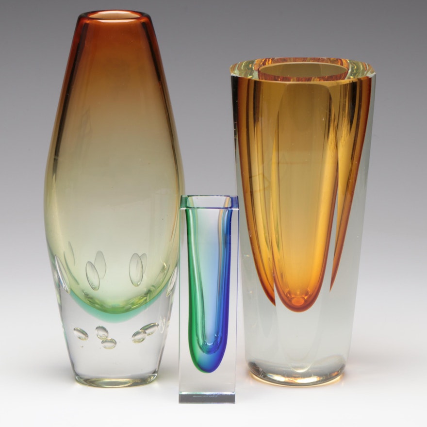 Murano Style  and Controlled Bubbled Art Glass Vases, Mid to Late 20th Century