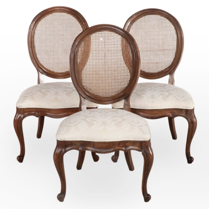 Three Louis XV Style Cherrywood, Caned, and Custom-Upholstered Side Chairs