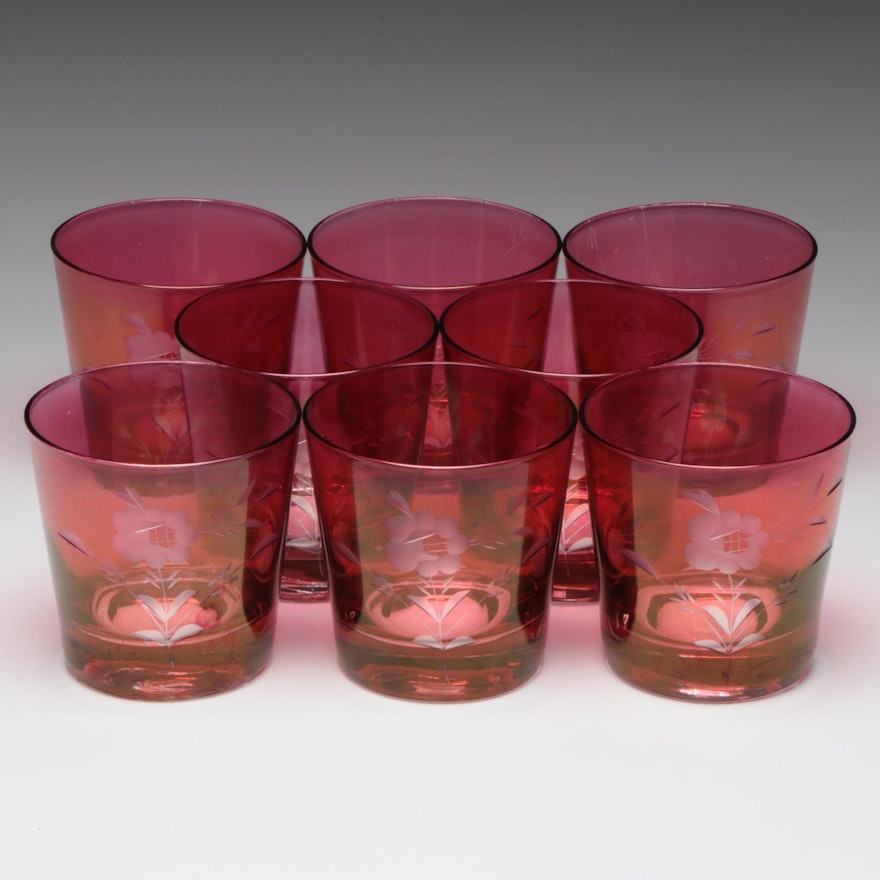 Cranberry Flashed Etched to Clear Old Fashion Glasses, Mid to Late 20th Century