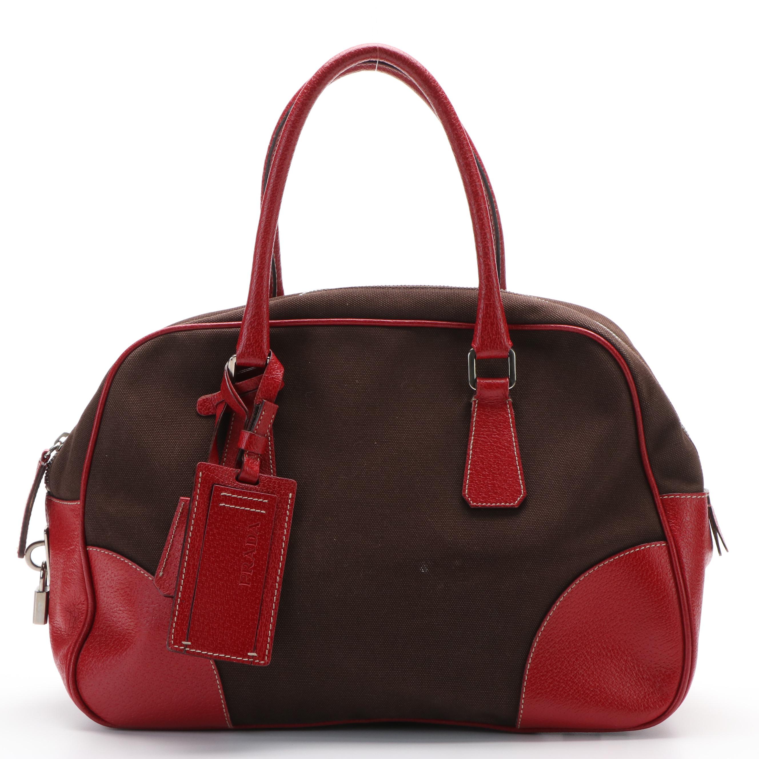 Prada Leather Trimmed Canapa Bowler Bag