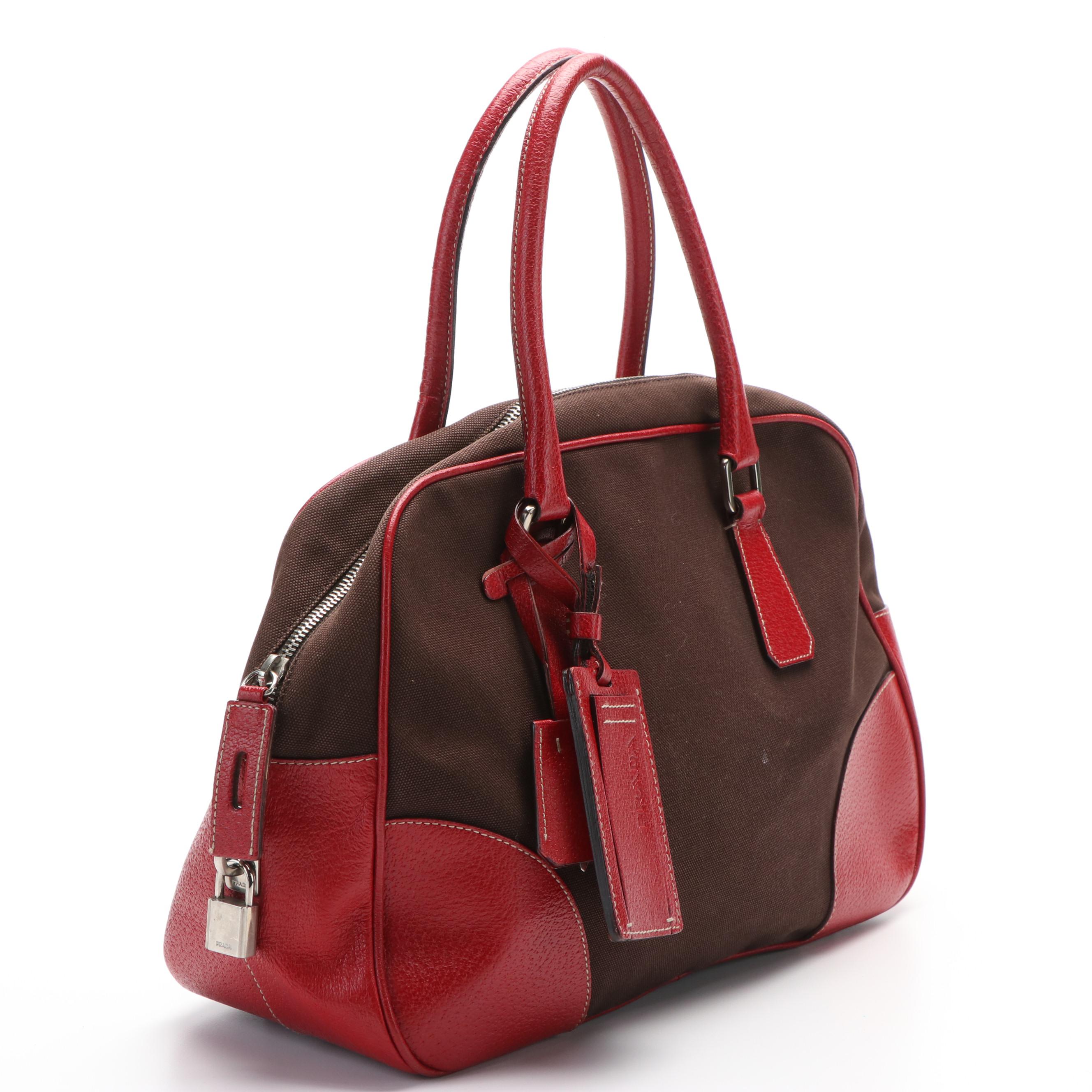 Prada Leather Trimmed Canapa Bowler Bag
