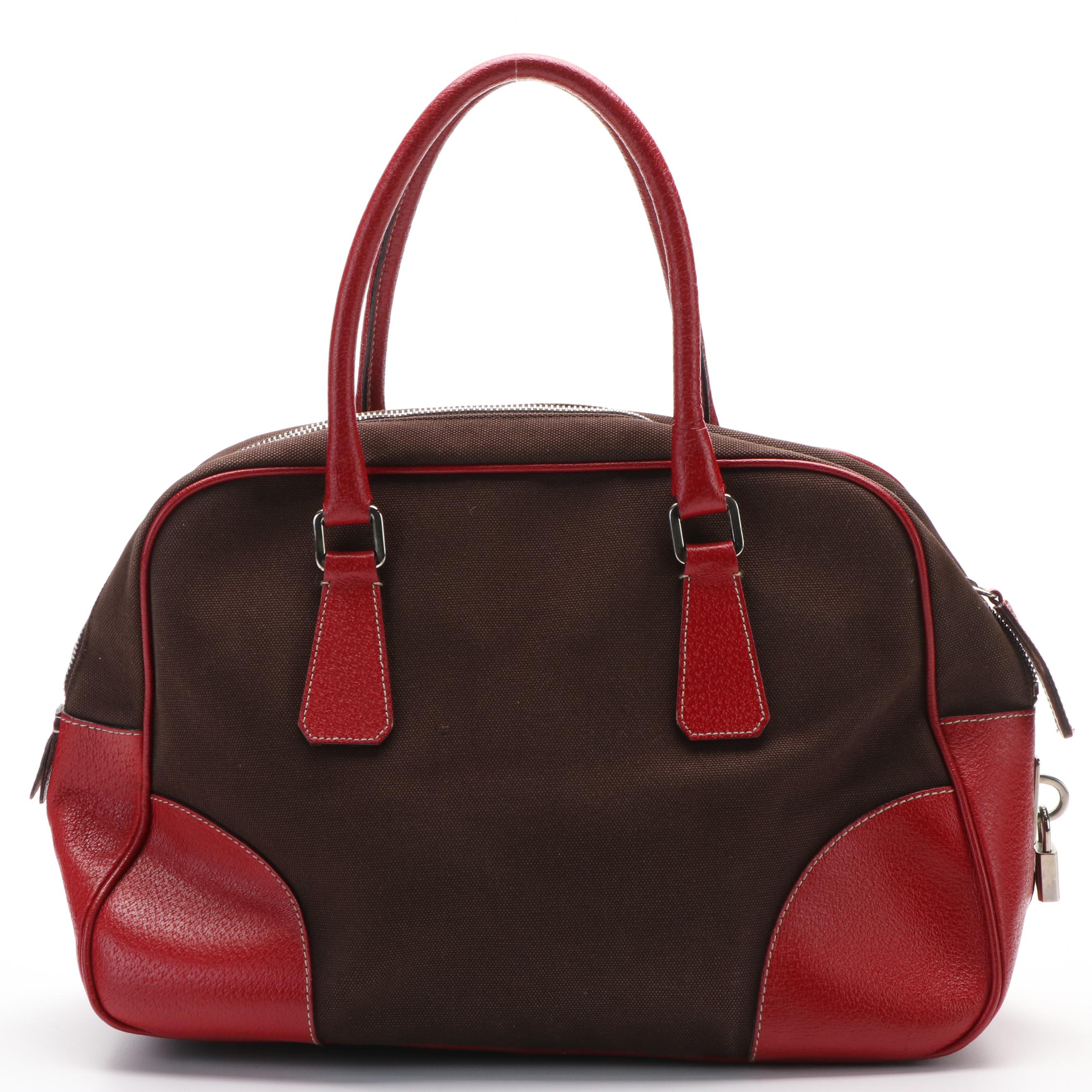 Prada Leather Trimmed Canapa Bowler Bag