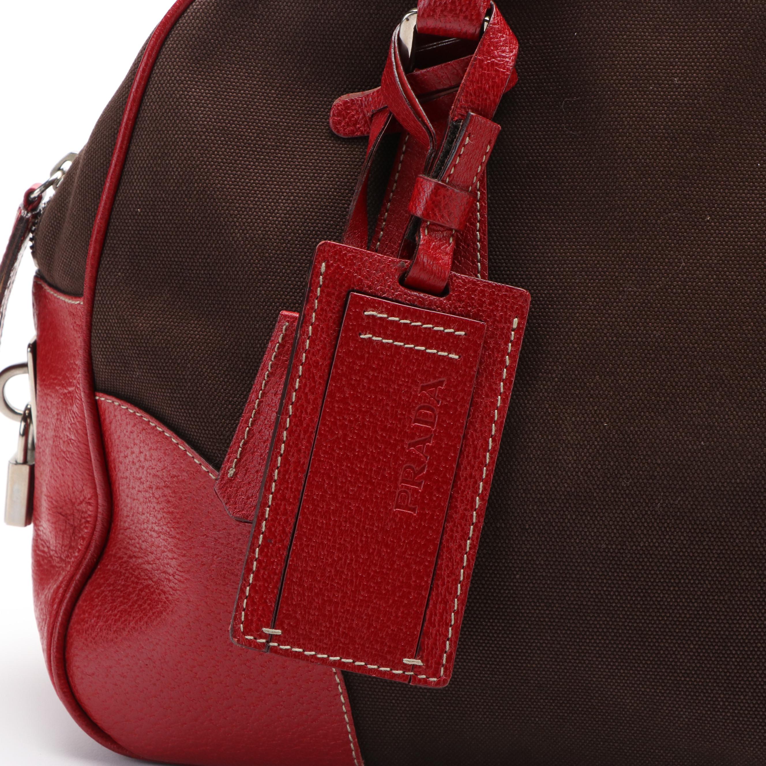 Prada Leather Trimmed Canapa Bowler Bag