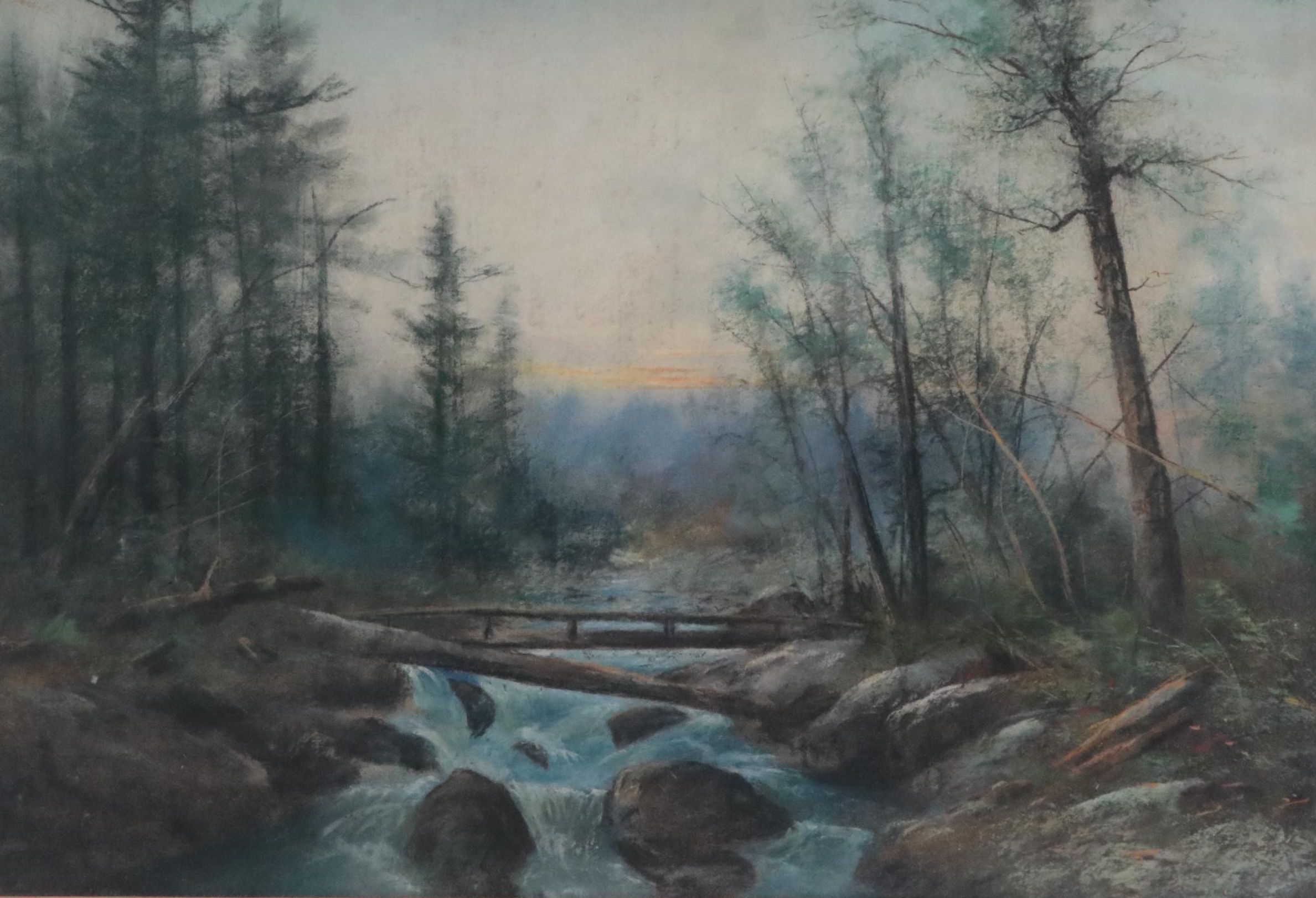 Wooded River Landscape Chalk Pastel Drawing