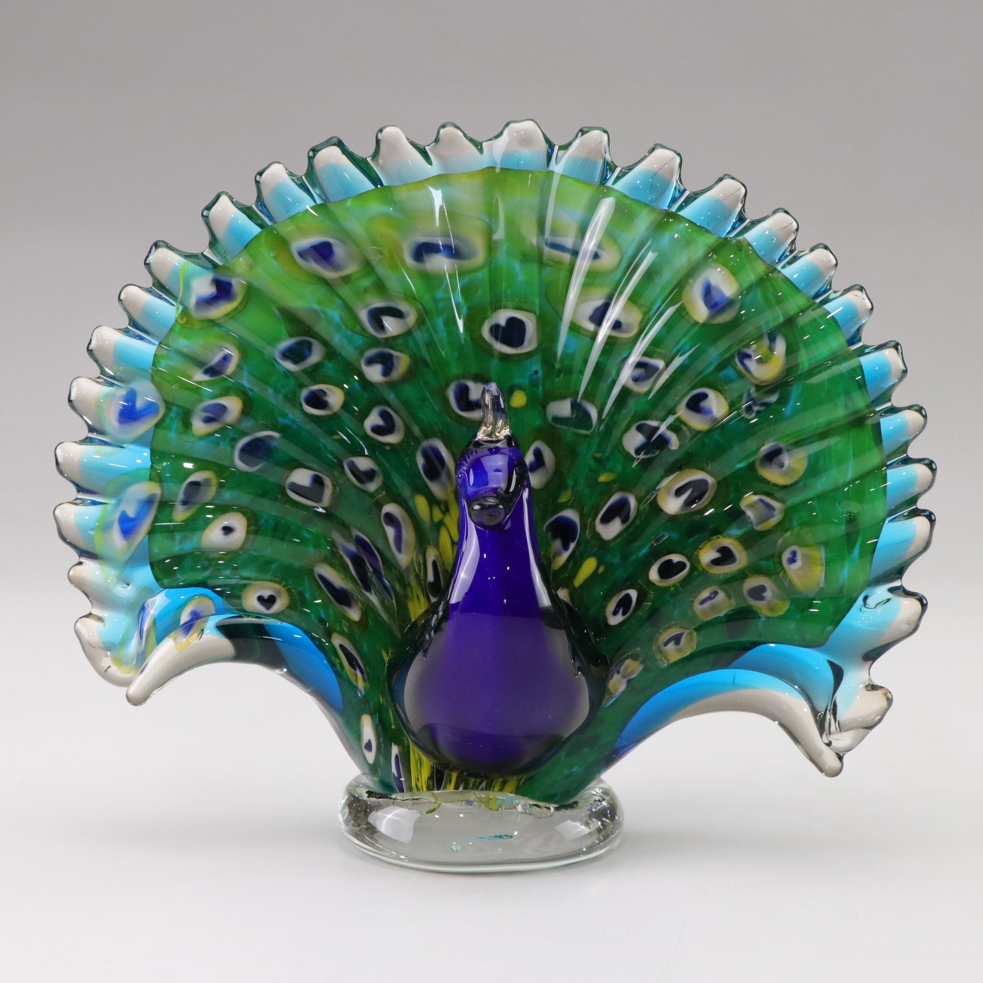 Murano Style Art Glass Peacock Figure With Clear Disk Base