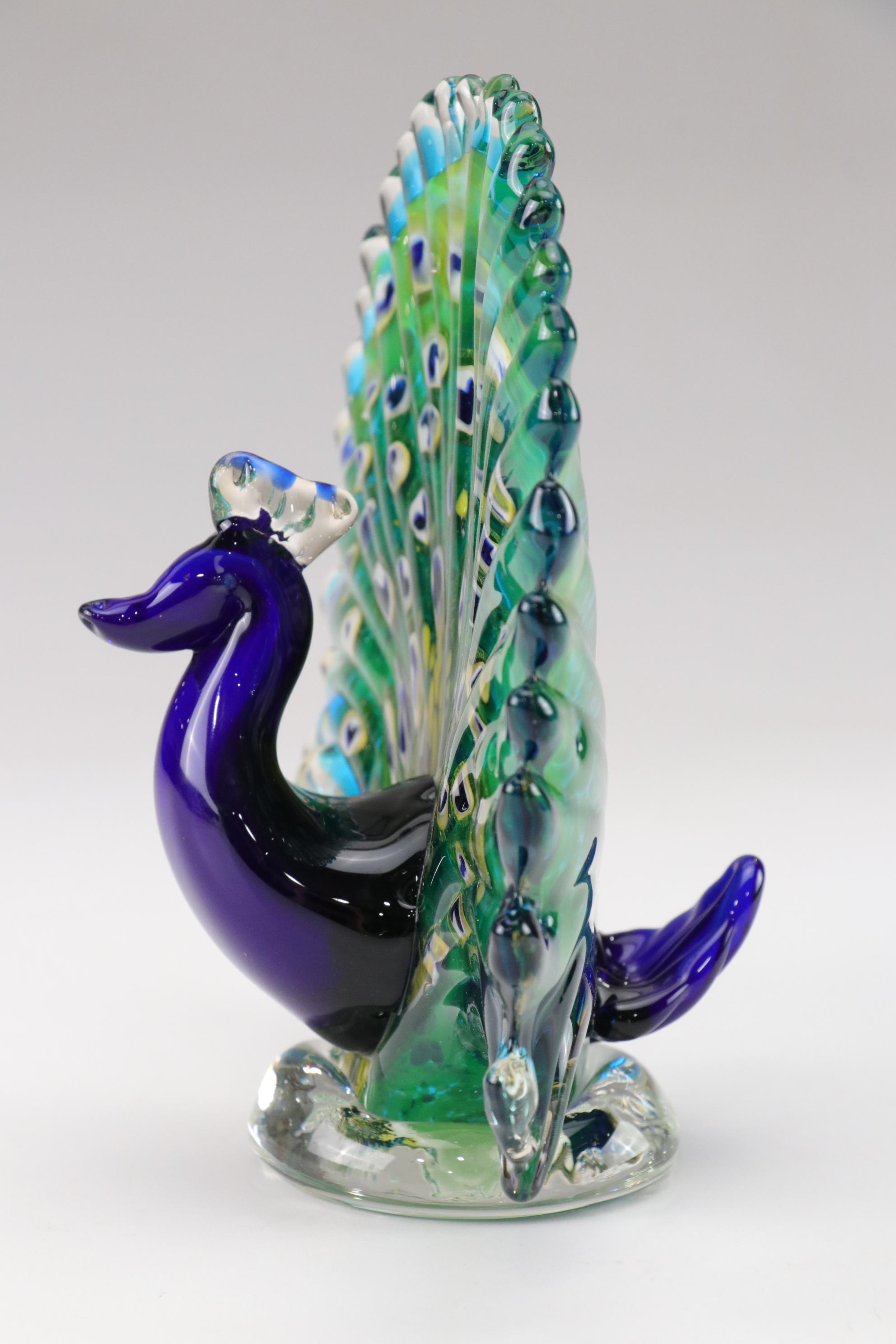 Murano Style Art Glass Peacock Figure With Clear Disk Base