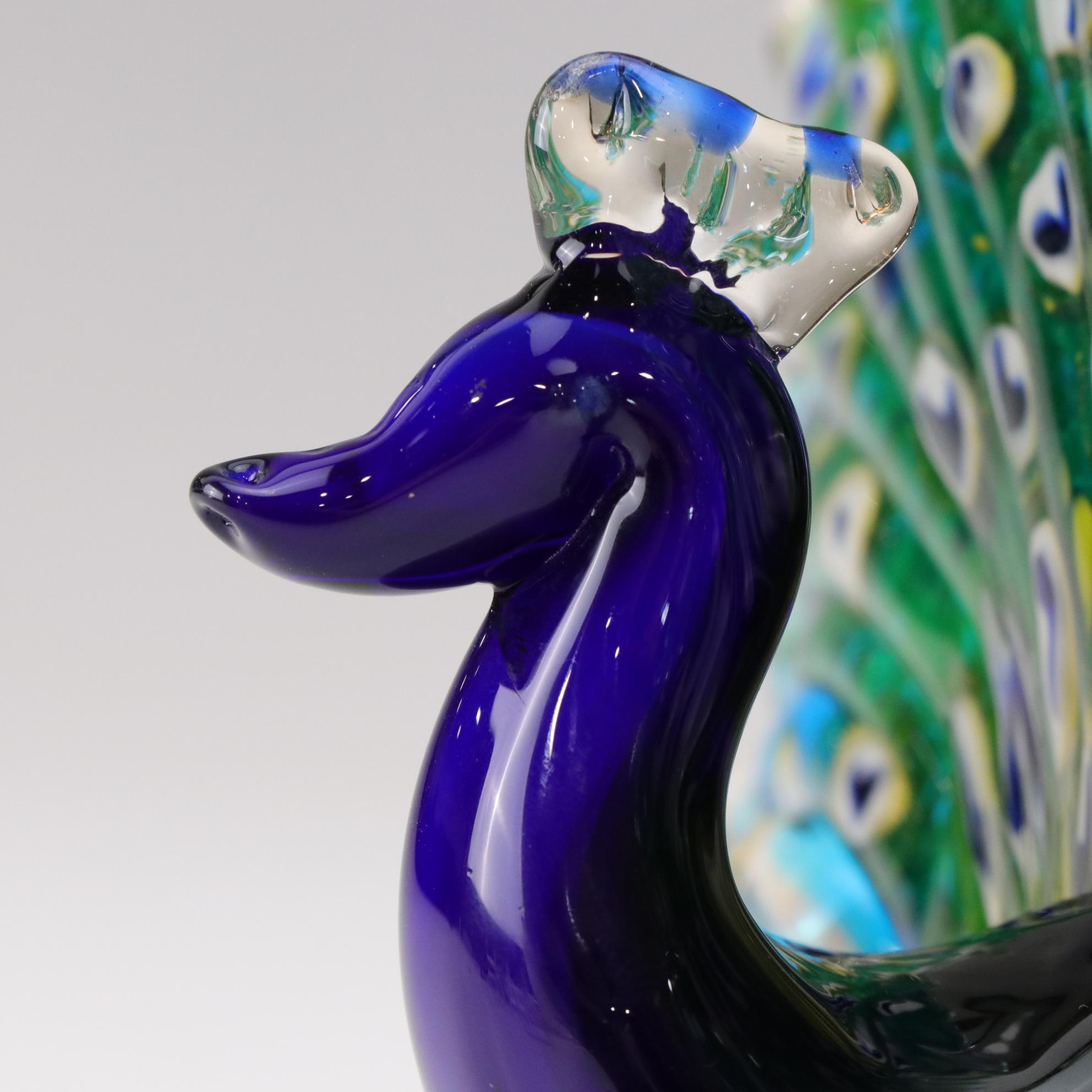 Murano Style Art Glass Peacock Figure With Clear Disk Base