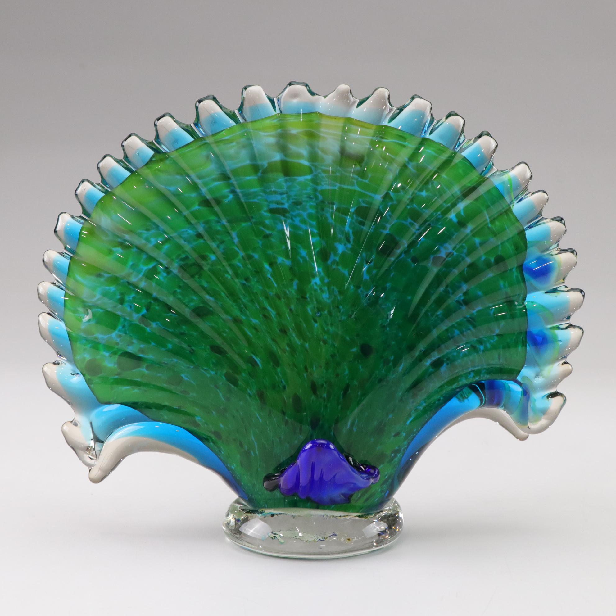 Murano Style Art Glass Peacock Figure With Clear Disk Base