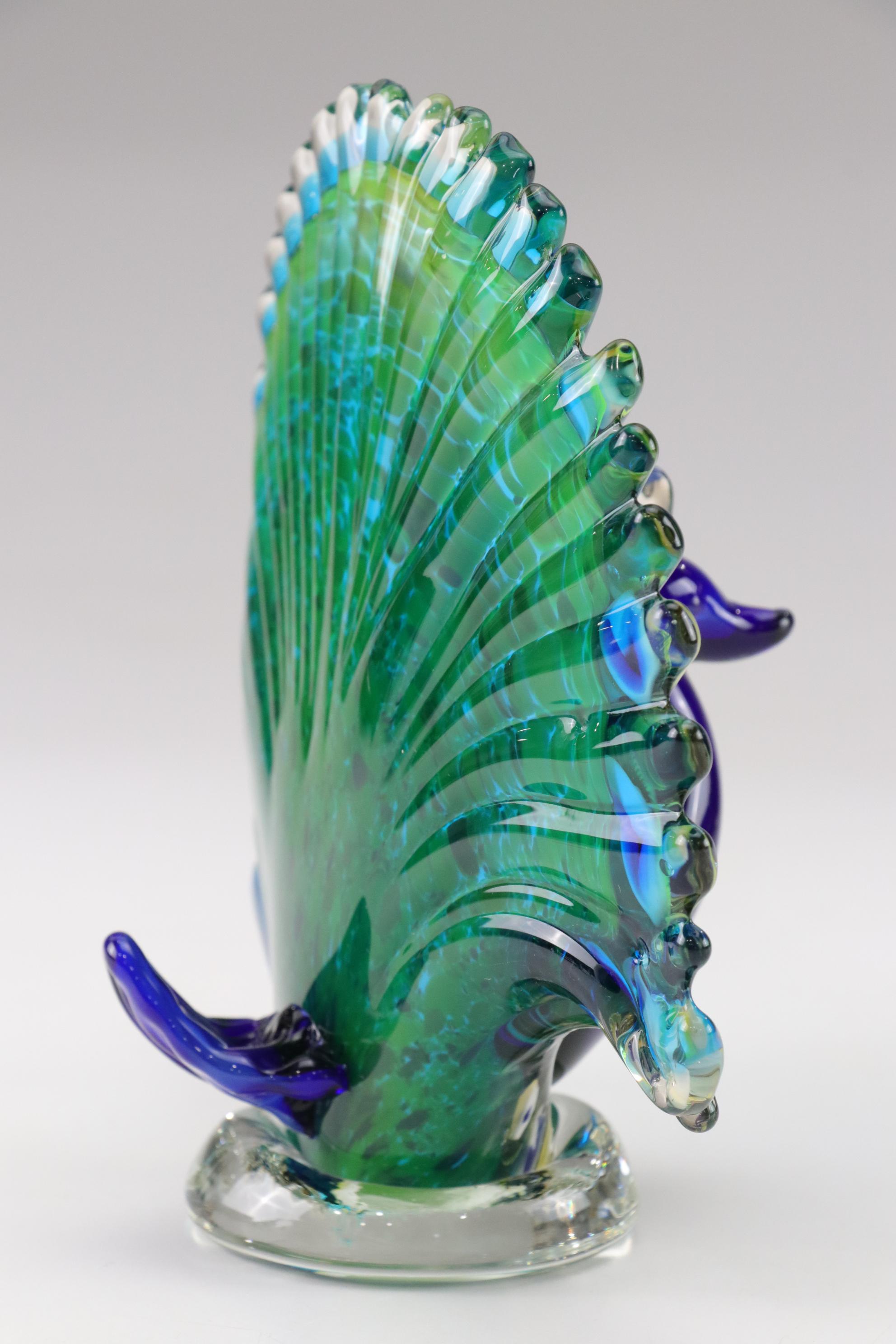 Murano Style Art Glass Peacock Figure With Clear Disk Base